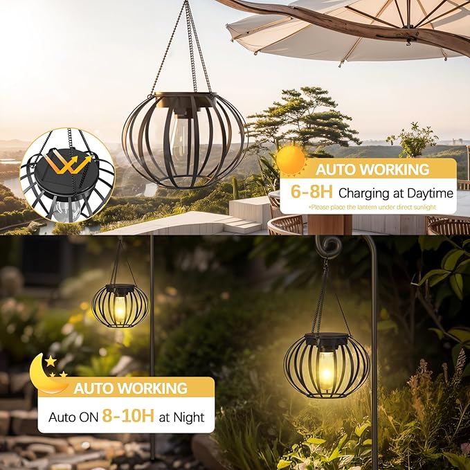 Solar Lanterns Outdoor Waterproof - 2 Pack Solar Outdoor Lanterns, 15"" Solar Lights Outdoor Hanging, Lanterns Decorative Outdoor Pumpkin Shape, Black, Wq-OSL-001