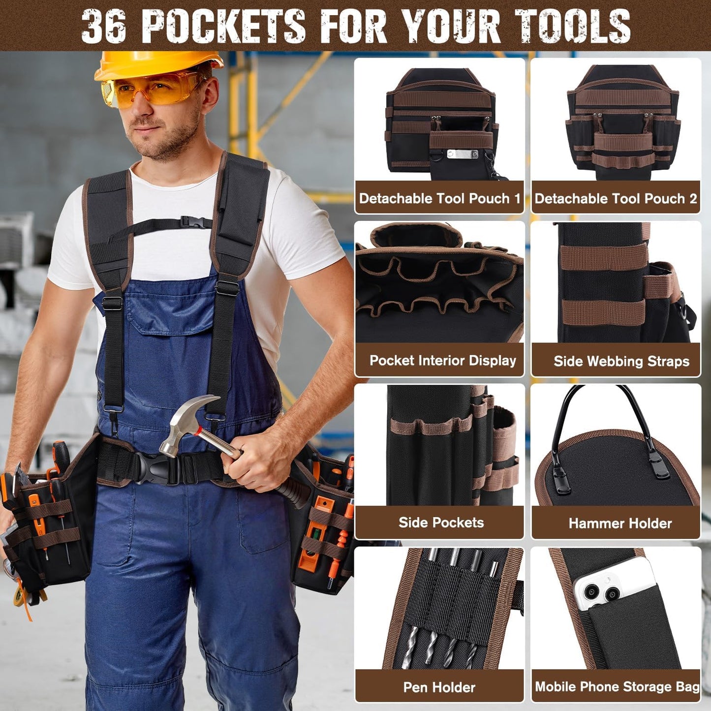 Tool Belts for Men, 36 Pockets Tool Belt with Suspenders, Heavy Duty Tool Belt Suspenders with Detachable & Adjustable Tool Pouches Bag for Electrician, Carpenter, Construction, Framers(35"-61")