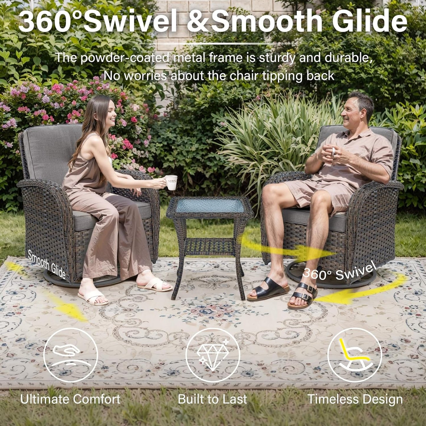 Outdoor Wicker Furniture Set with Swivel Chairs, 5 Piece Small Patio Conversation Sets with Rattan Loveseat Coffee Table for Patio Deck Porch Backyard, Grey Cushion