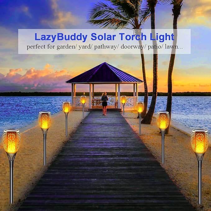 Large Solar Torch Light with Flickering Flame, Upgraded 3-in-1 Solar Fire Lights Outdoor Hanging Lanterns, Festival Decorations Solar Powered Tiki Torches for Garden, Pathway, Lawn, Yard