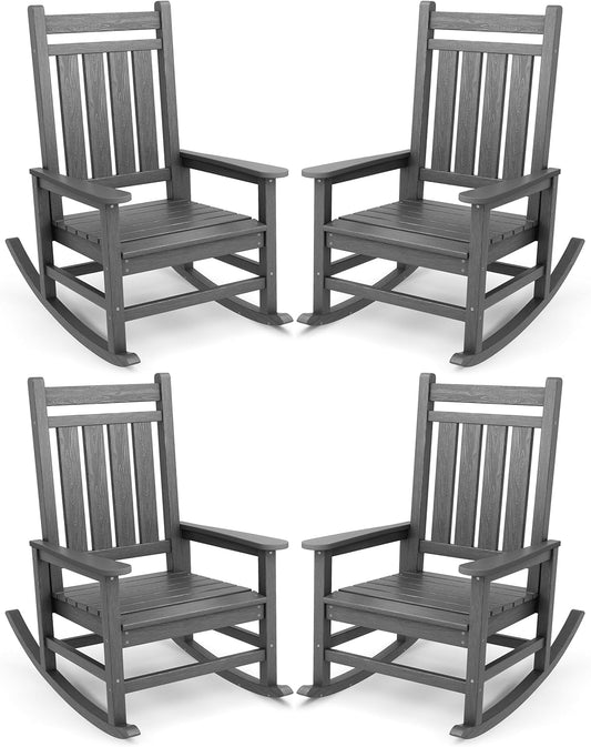 SERWALL Oversized Outdoor Rocking Chair Set of 4, HDPE Rocker for Adults, Patio Rocking Chairs for Porch, Grey