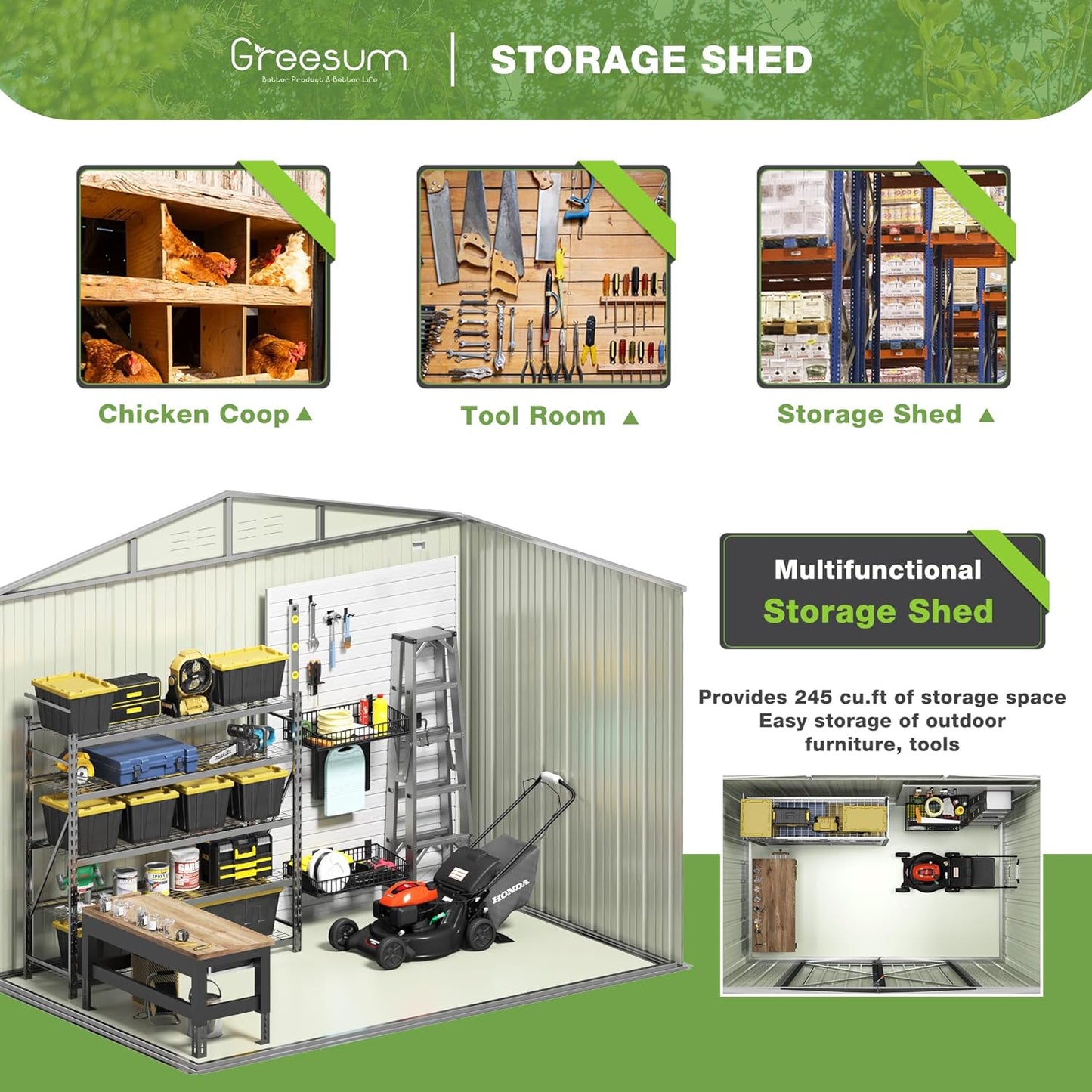 Greesum Outdoor Storage Shed 6 x 8 ft. Utility Tool Shed Metal Storage Garden Shed with Door & Lock for Patio Storage, Brown