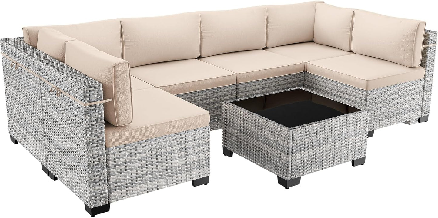 7-Piece Patio Furniture Set, Outdoor Sectional with Thick Cushions, Modular Patio Sofa, Dual-Strand Wicker Rattan, Rust-Resistant Frame, Backyard Furniture for Garden, Deck, Khaki