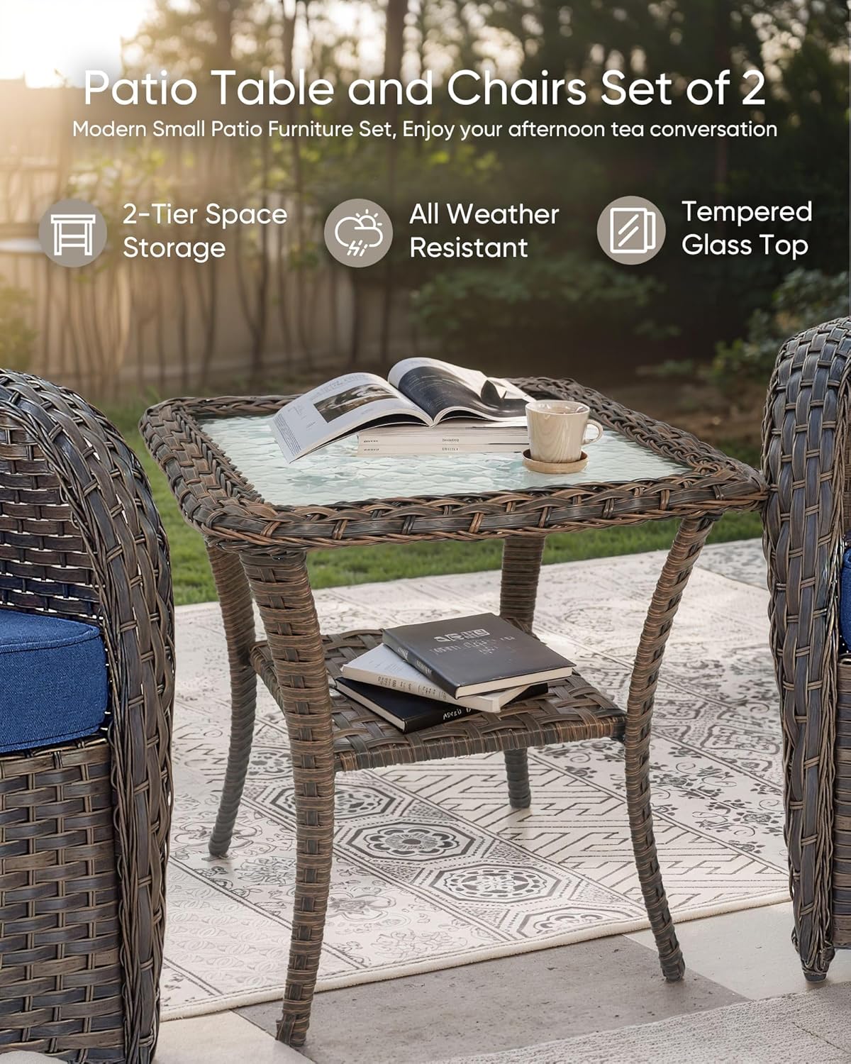 HUMMUH Outdoor Swivel Chairs,3 Pieces Patio Furniture Set with 360 Degree Wicker Swivel Rocking Chairs and Side Table for Garden,Porch,Backyard (Brown/Blue)