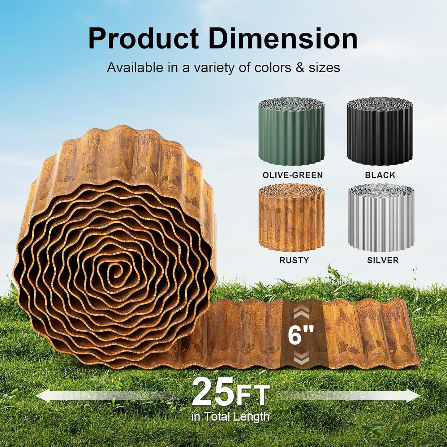 Land Guard Corrugated Garden Edging Border, 6"×25' Landscape Paver Edging, Tall Landscape Edging, Fence for Garden, Flower Bed, Lawn and Landscape Edging (Rusty)
