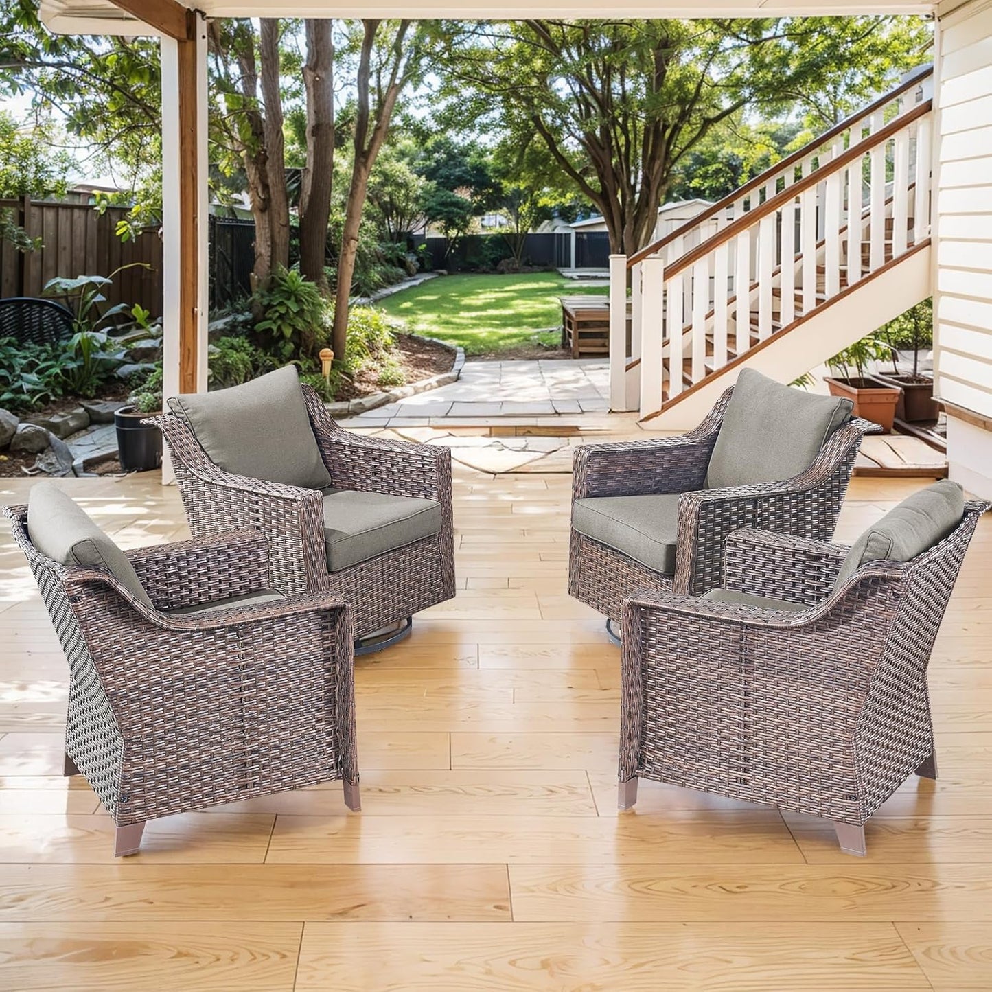 Outdoor Wicker Patio Chairs Set of 4 - Heavy Duty Outside Rattan Lawn Chair for Front Porch Balcony Backyard Yard Deck Poolside Apartment – Brown/Grey