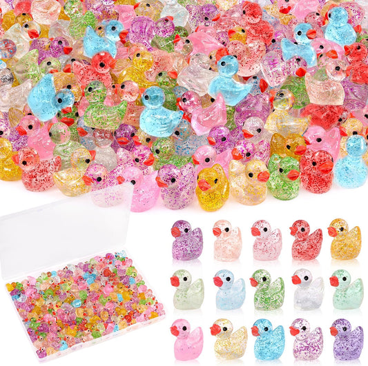 200PCS Mini Resin Animals Cute Colorful Glitter Tiny Ducks, Miniature Figures to Hide, Little Animal Accessories Bulk for Topper Garden Dollhouse Landscape Aquarium Ornaments DIY Crafts & Decor