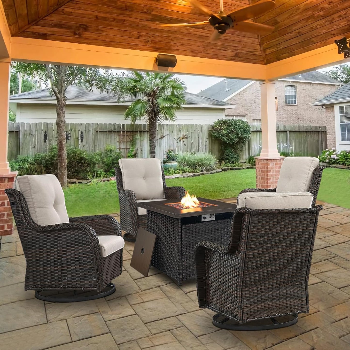 5 Pieces Patio Wicker Furniture Set - 4 Outdoor Swivel Rocker Glider Chairs with 50000BTU Propane Fire Pit Table, Patio Conversation Set Beige Cushion Perfect for Casual Gathering