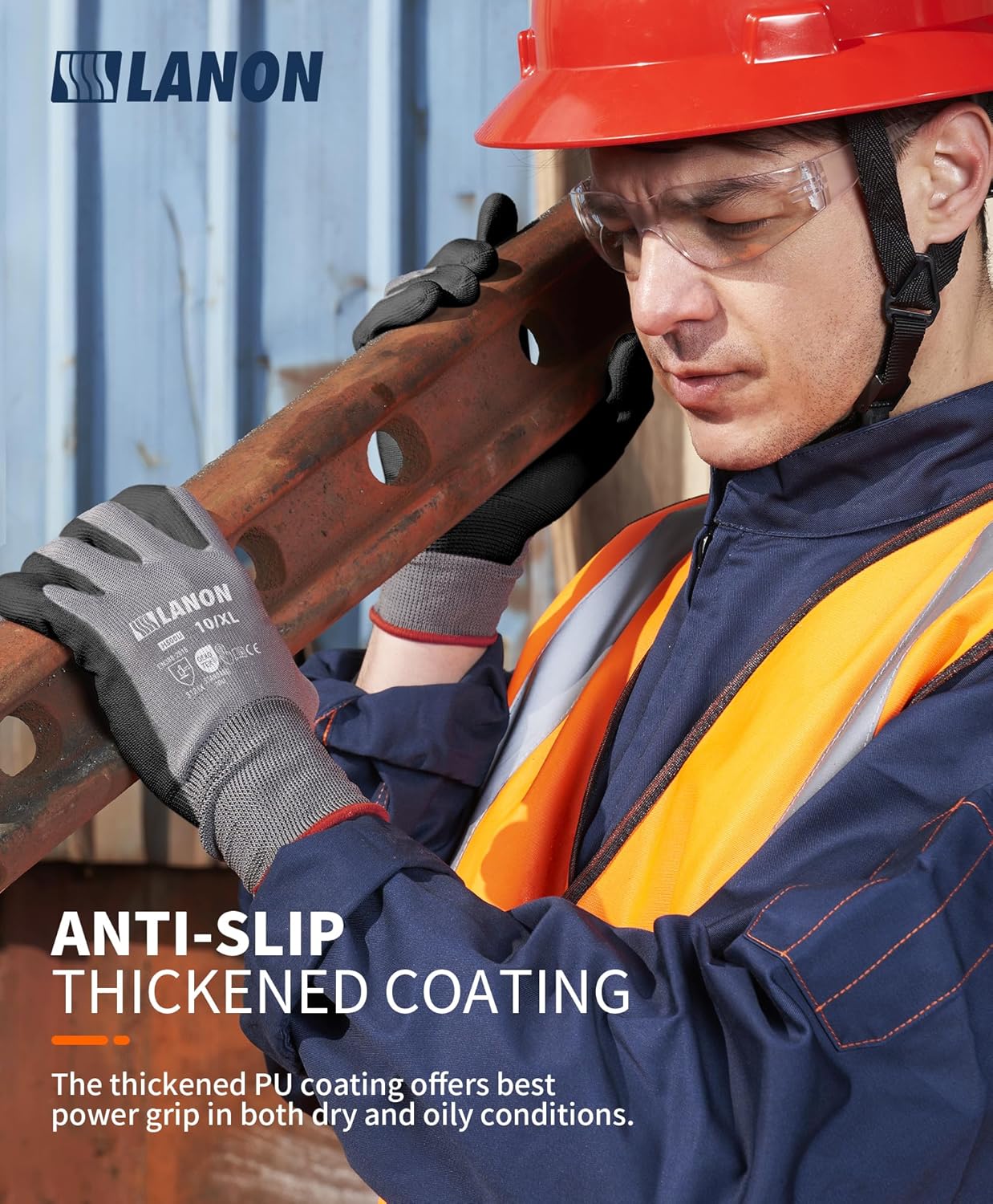 LANON 18 Pairs Safety Work Gloves, Mechanic Working Gloves for Men,Breathable PU Coated, Seamless Knit,Double Wash, Grey, Medium