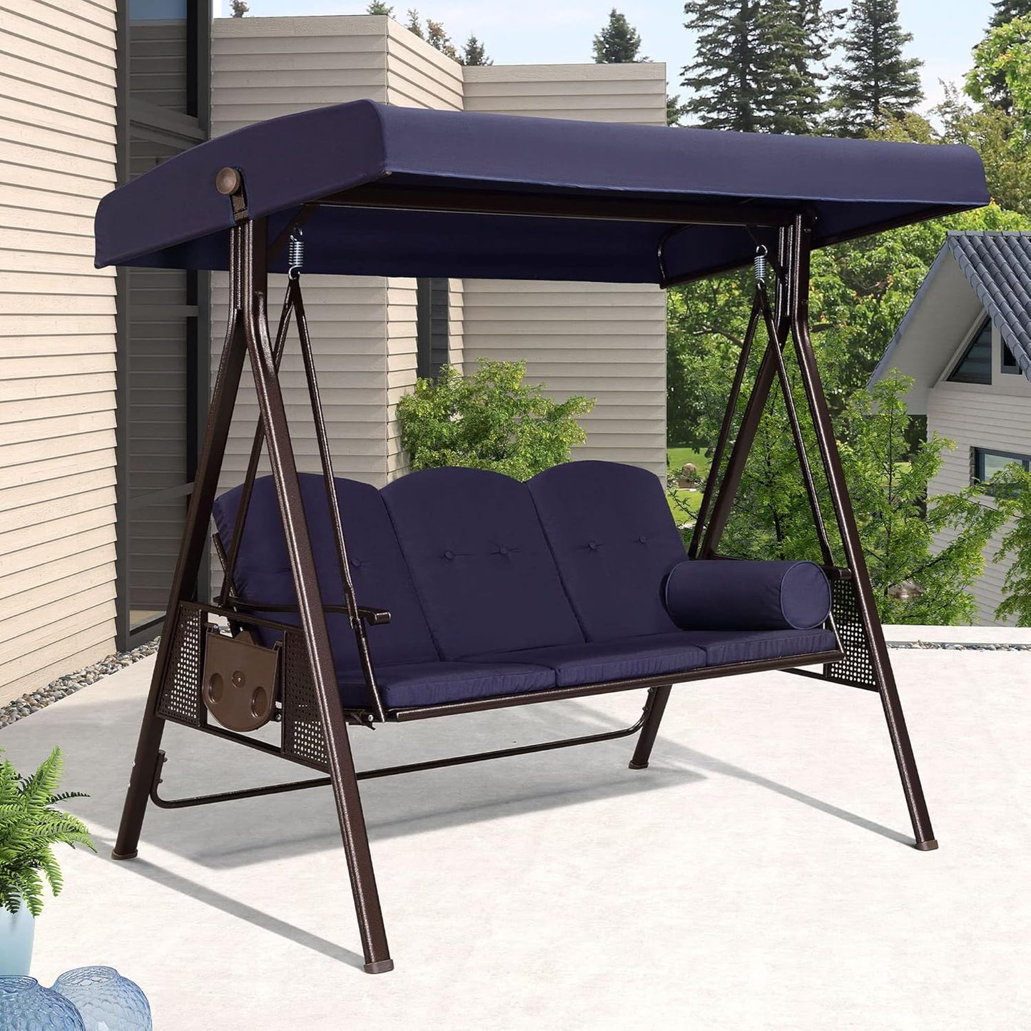 PURPLE LEAF 3-Seat Deluxe Outdoor Patio Porch Swing with Weather Resistant Steel Frame, Adjustable Tilt Canopy, Cushions and Pillow Included, Navy Blue