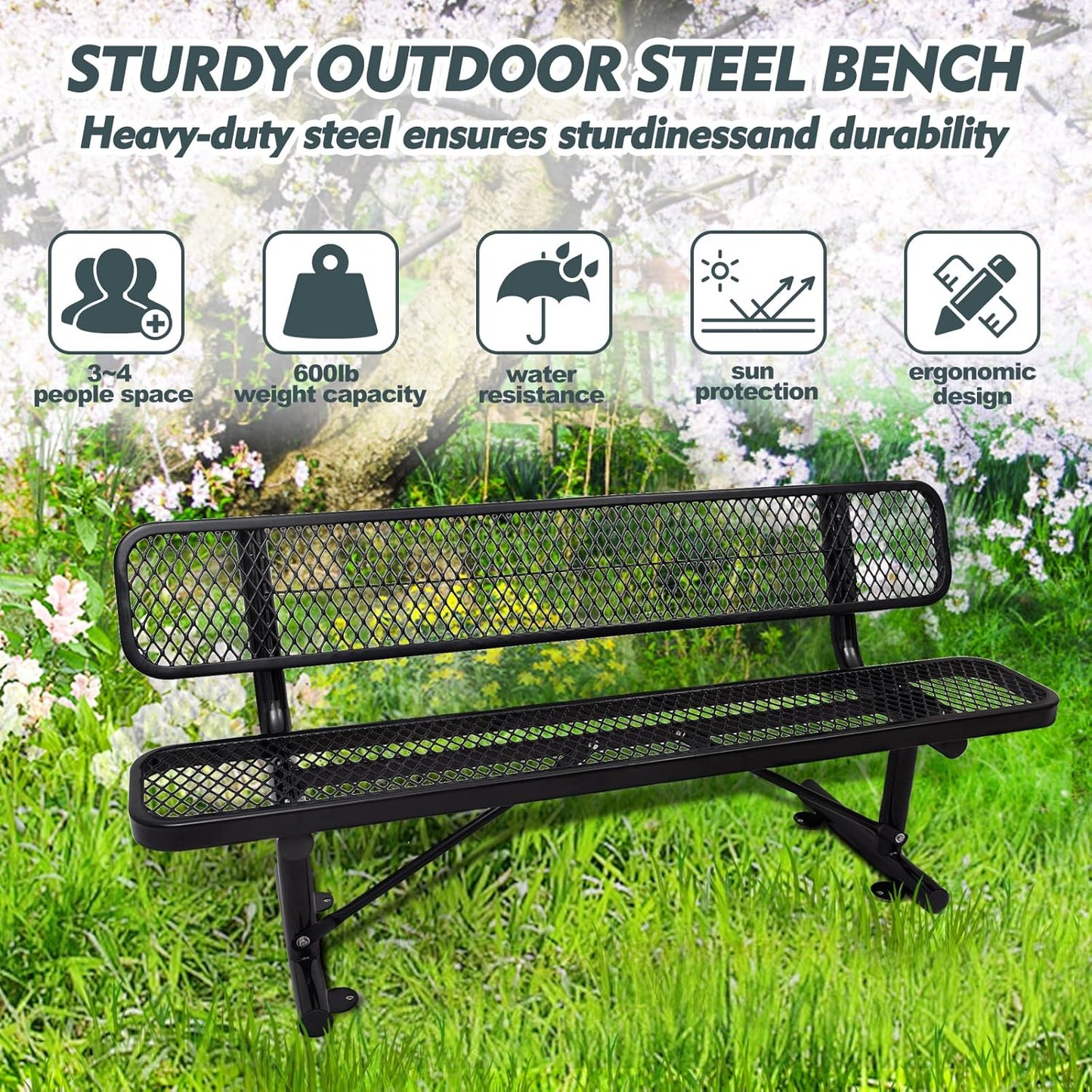 Drexo 6FT Heavy Duty Park Bench with Back Portable Frame, Outdoor Metal Park Bench with Backrest, Steel Mesh Outdoor Bench for Garden, Lawn, Patio, Porch, Park, Yard, Black
