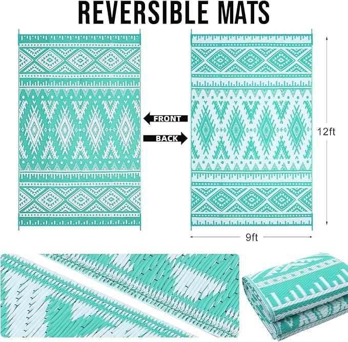 OLANLY Outdoor Rug Waterproof 9x12 ft, Reversible Outdoor Plastic Straw Rug, Boho Patio Rug, Indoor Outdoor Carpet, RV Mat Outside for Patio, Camp, Picnic, Balcony, Deck, Backyard, Turquoise & White