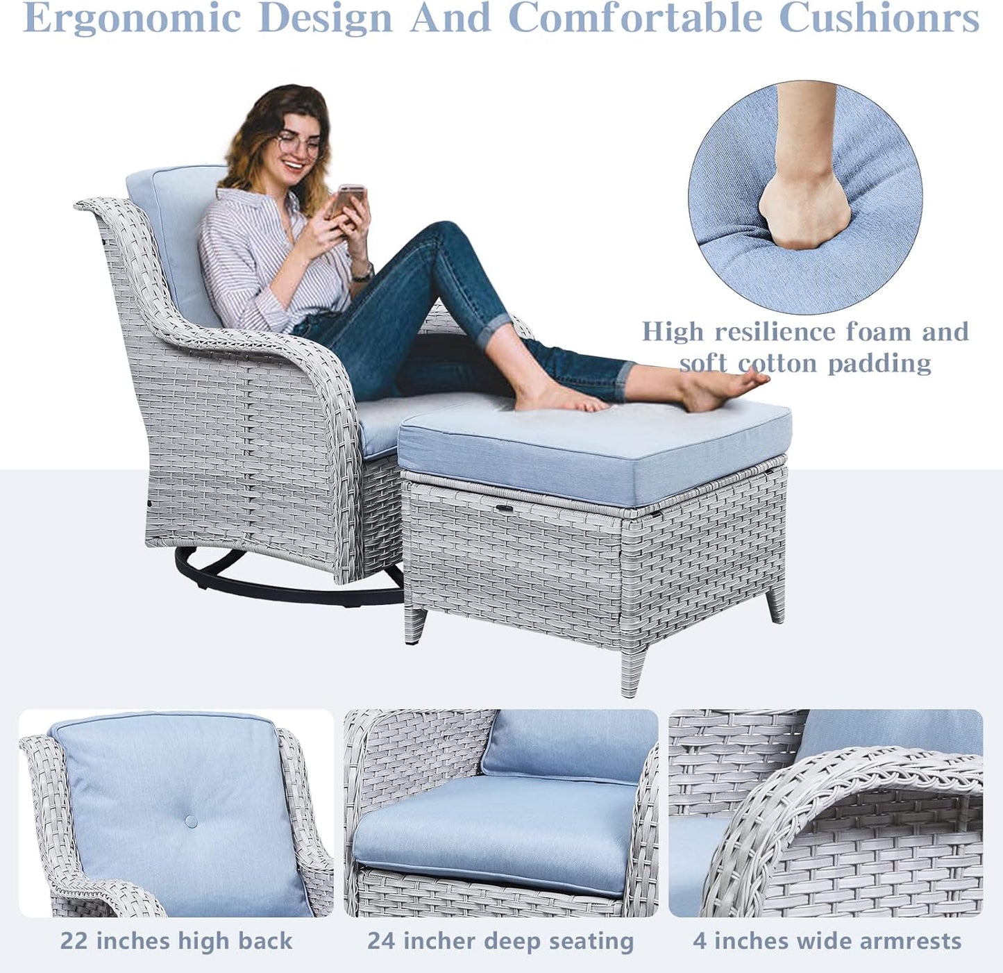 Outdoor Swivel Rocker Furniture 5 Pieces Patio Wicker Furniture Sets, Rattan Patio Swivel Glider Chairs with 2 Ottoman and Glass Side Table