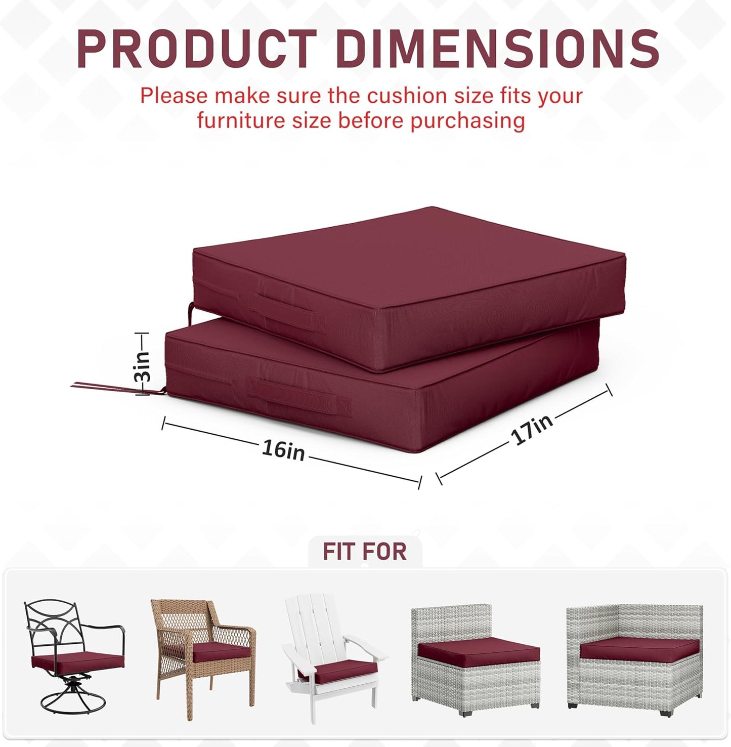 Patio Chair Cushions 17 X 16 X 3 Inch Waterproof Outdoor Seat Cushions for Patio Furniture, Outdoor Sofa Couch Pads with Ties & Handle, Set of 2, Burgundy