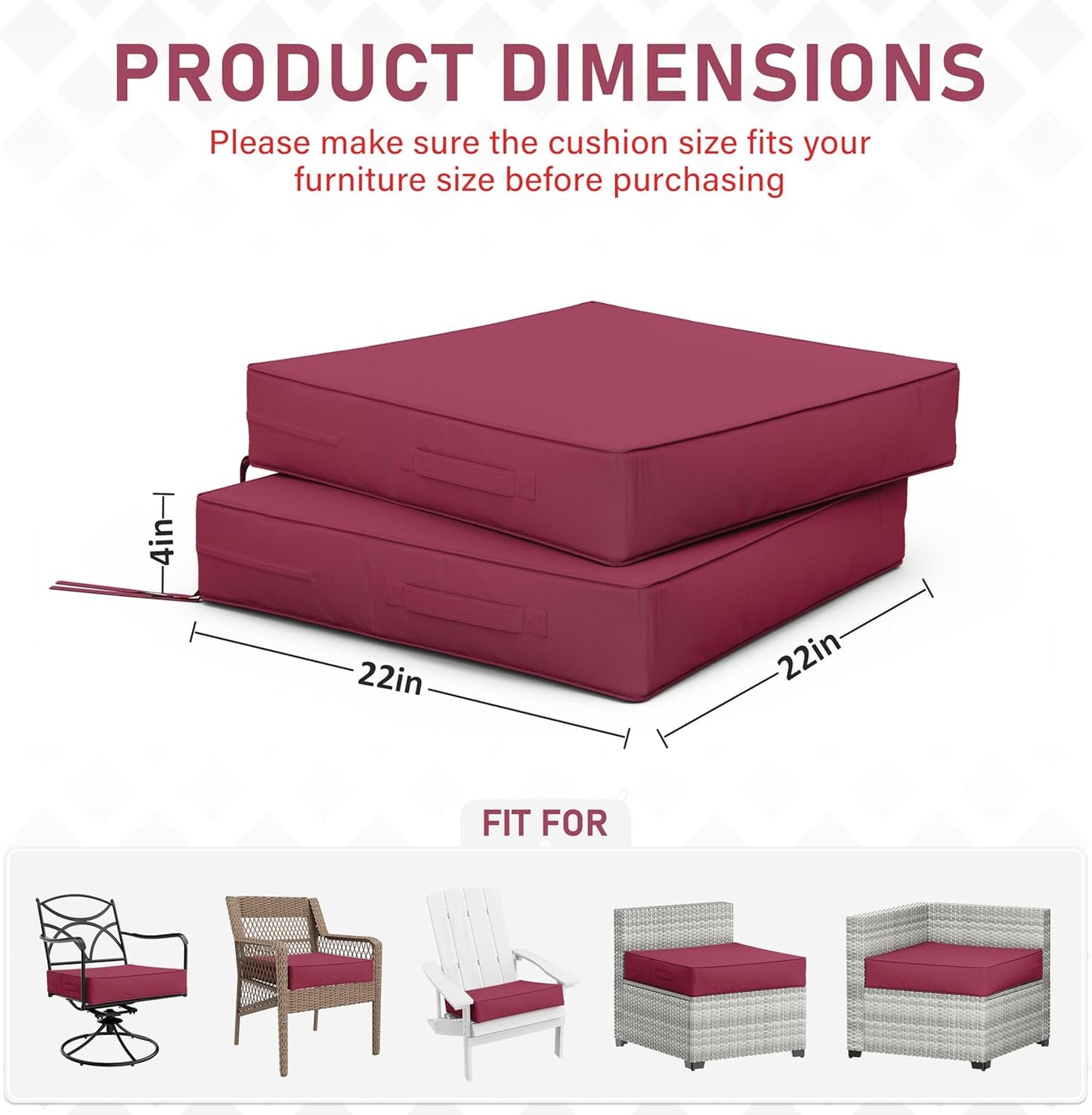 Patio Chair Cushions 22 X 22 X 4 Inch Waterproof Outdoor Seat Cushions for Patio Furniture, Outdoor Sofa Couch Pads with Ties & Handle, Set of 2, Fuchsiared