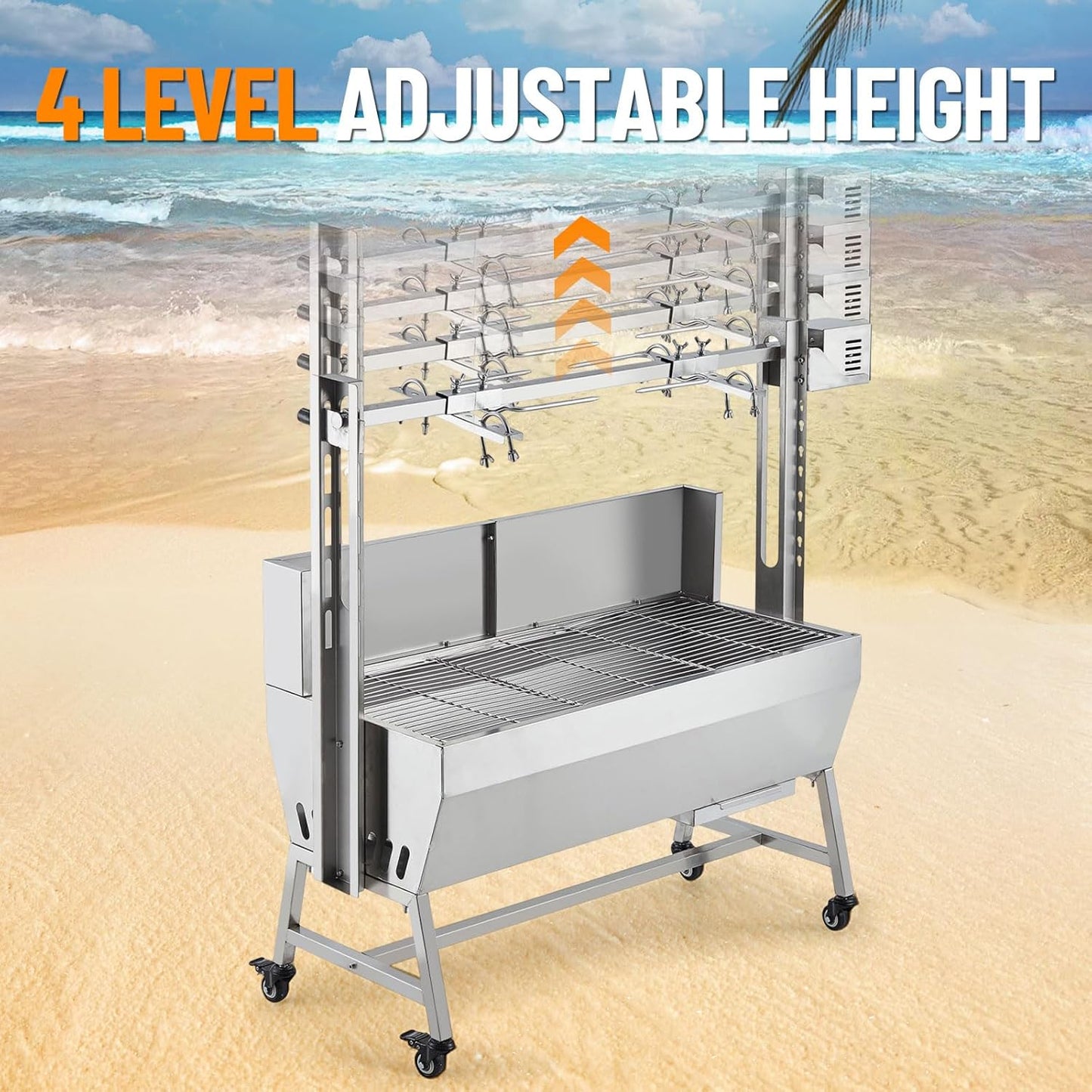 Stainless Steel Electric Pig Rotisserie Grill with Fire Pit & Baffle - 60kg Capacity, 50W Motor for Whole Pig/Lamb, Asador de Puerco Outdoor Camping BBQ