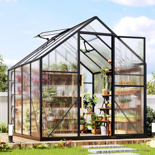 Jocisland 6x8x6.3 FT Polycarbonate Greenhouse for Outdoors with 2 Windows, Dual Swing Doors, Aluminum Walk-in Frame, Heavy Duty Garden Greenhouse for Backyard, Black