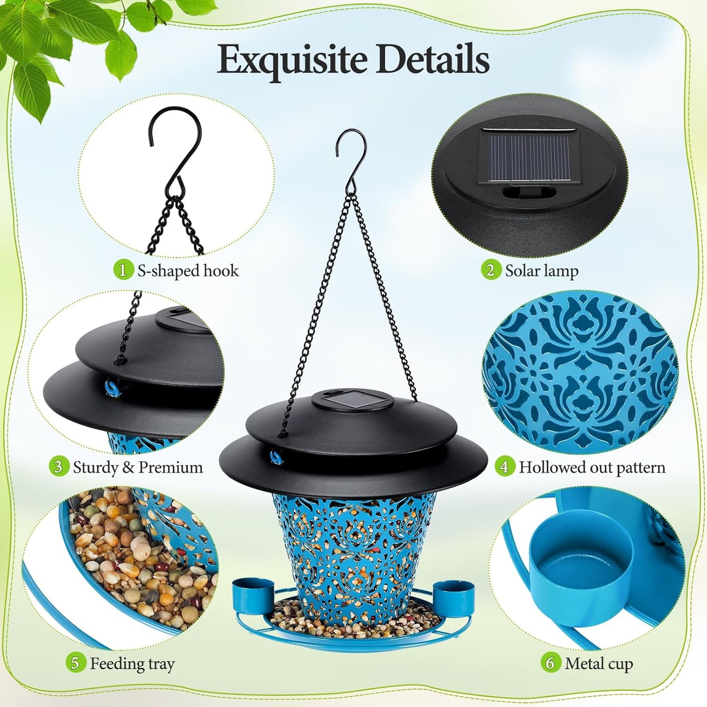 Solar Bird Feeders for Outside Hanging Metal Wild Bird Feeder Solar Lanterns Outdoor Waterproof Garden Decor for Yard Blue
