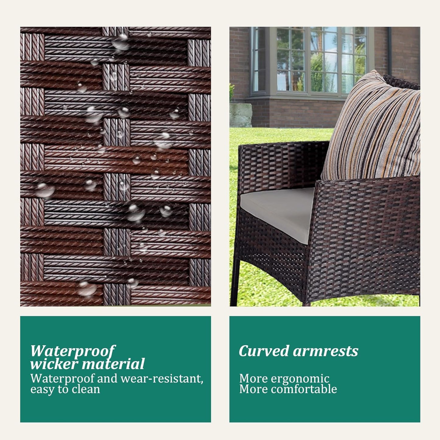 4 Piece Patio Furniture Set - Outdoor Conversation Sets with Coffee Table, Rattan Chair Set for Garden/Poolside, Brown/Grey