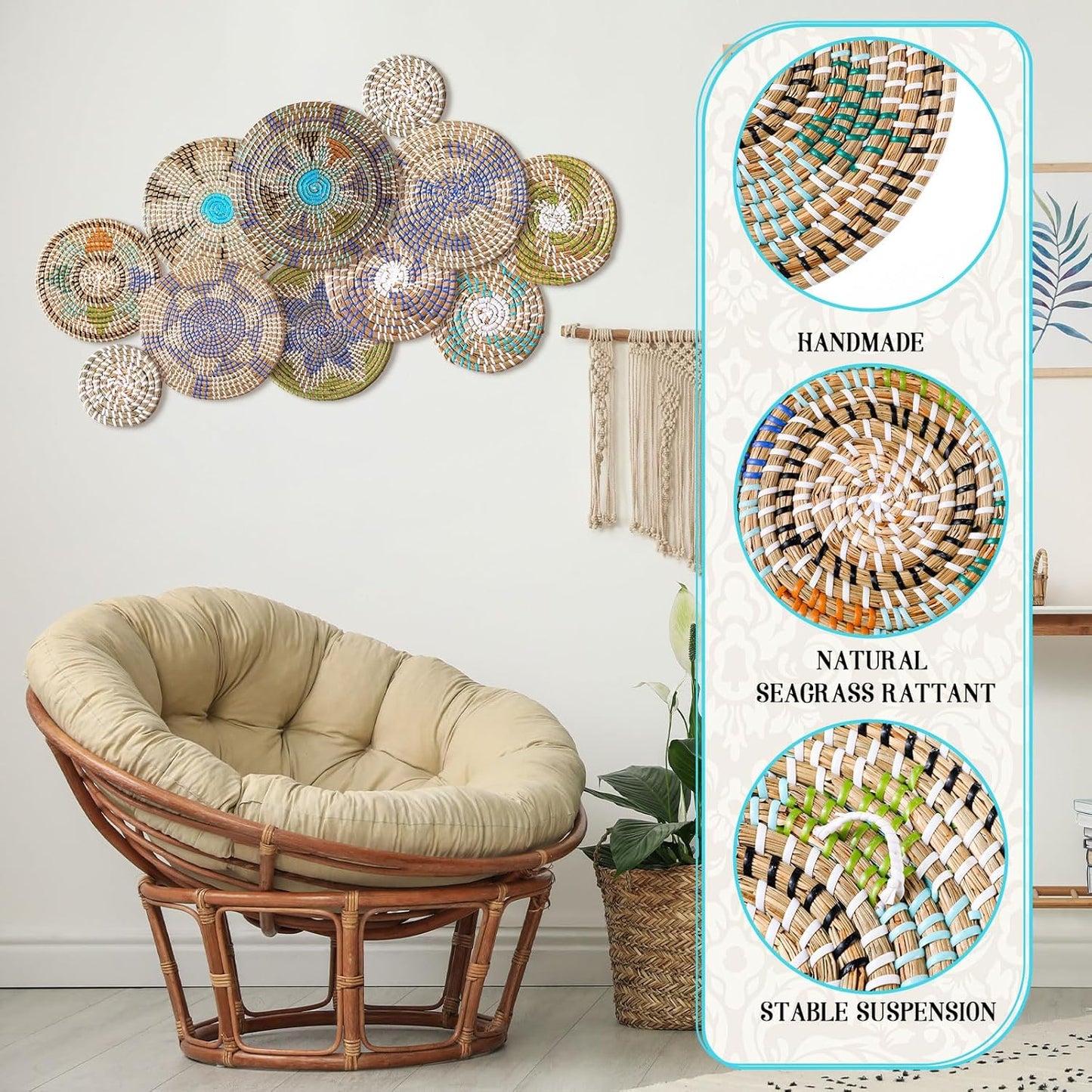 Tatuo 11 Pcs Boho Wall Basket Decor Decorative Bulrush Woven Basket Wall Decor Art Round Farmhouse Hanging Baskets for Kitchen Rustic Home Summer Decorations, Multi Sizes(Multicolour)