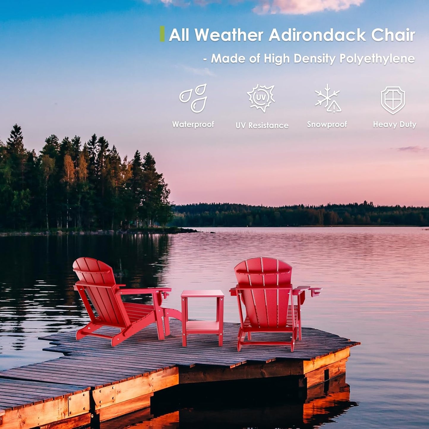 GREENVINES Folding-Adirondack-Chairs-Set-of-2 | HDPE Plastic | Fire Pit Chair | All Weather | Cup Holder | Red | for Deck Backyard Patio Outdoor Garden