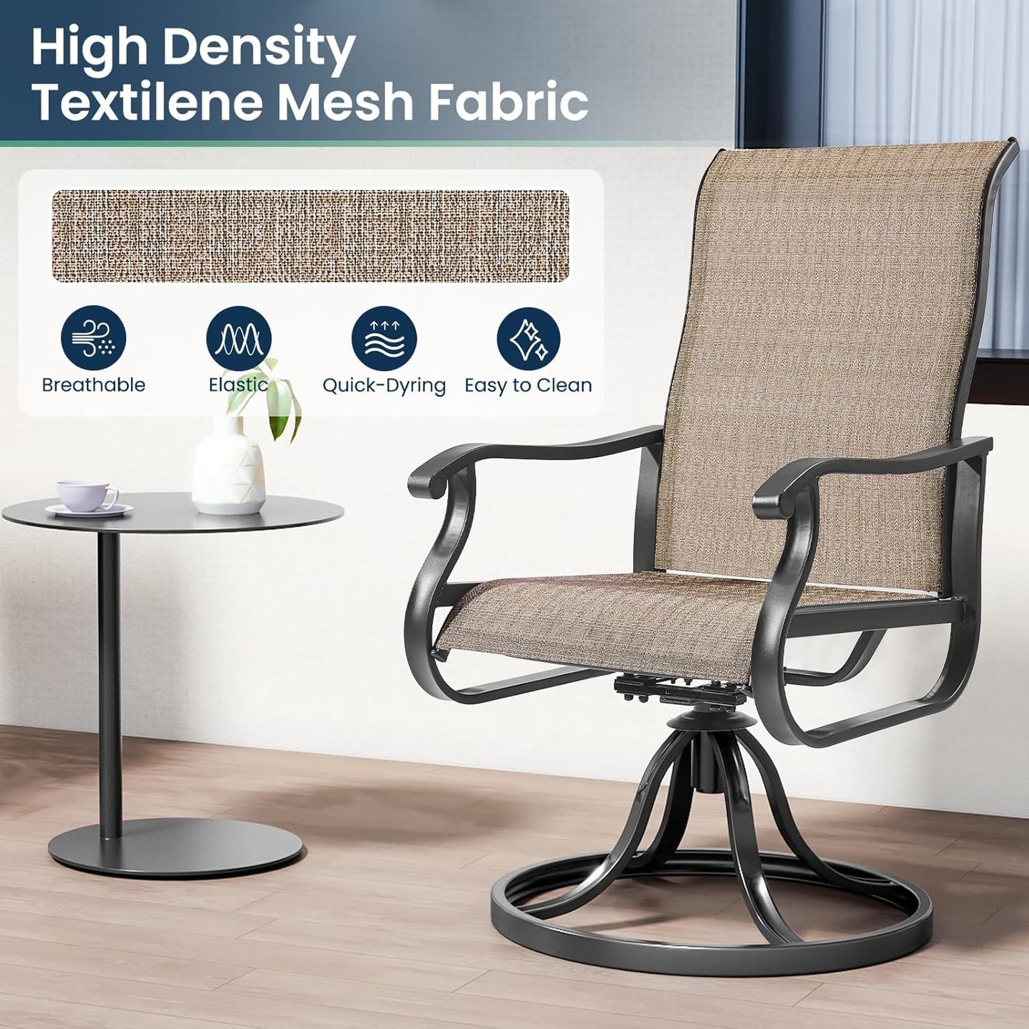 Amopatio Patio Swivel Chairs Set of 6, Outdoor Swivel Rocker Dining Chairs with All Weather Textilene High Back & Metal Frame, for Backyard Deck Lawn (Brown)