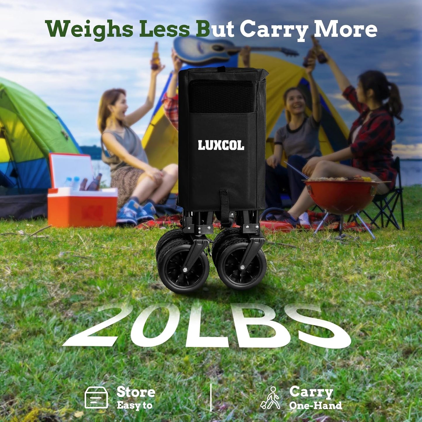 LUXCOL Collapsible Folding Wagon, Heavy Duty Utility Beach Wagon Cart for Sand with Big Wheels, Adjustable Handle&Drink Holders for Shopping, Camping,Garden and Outdoor