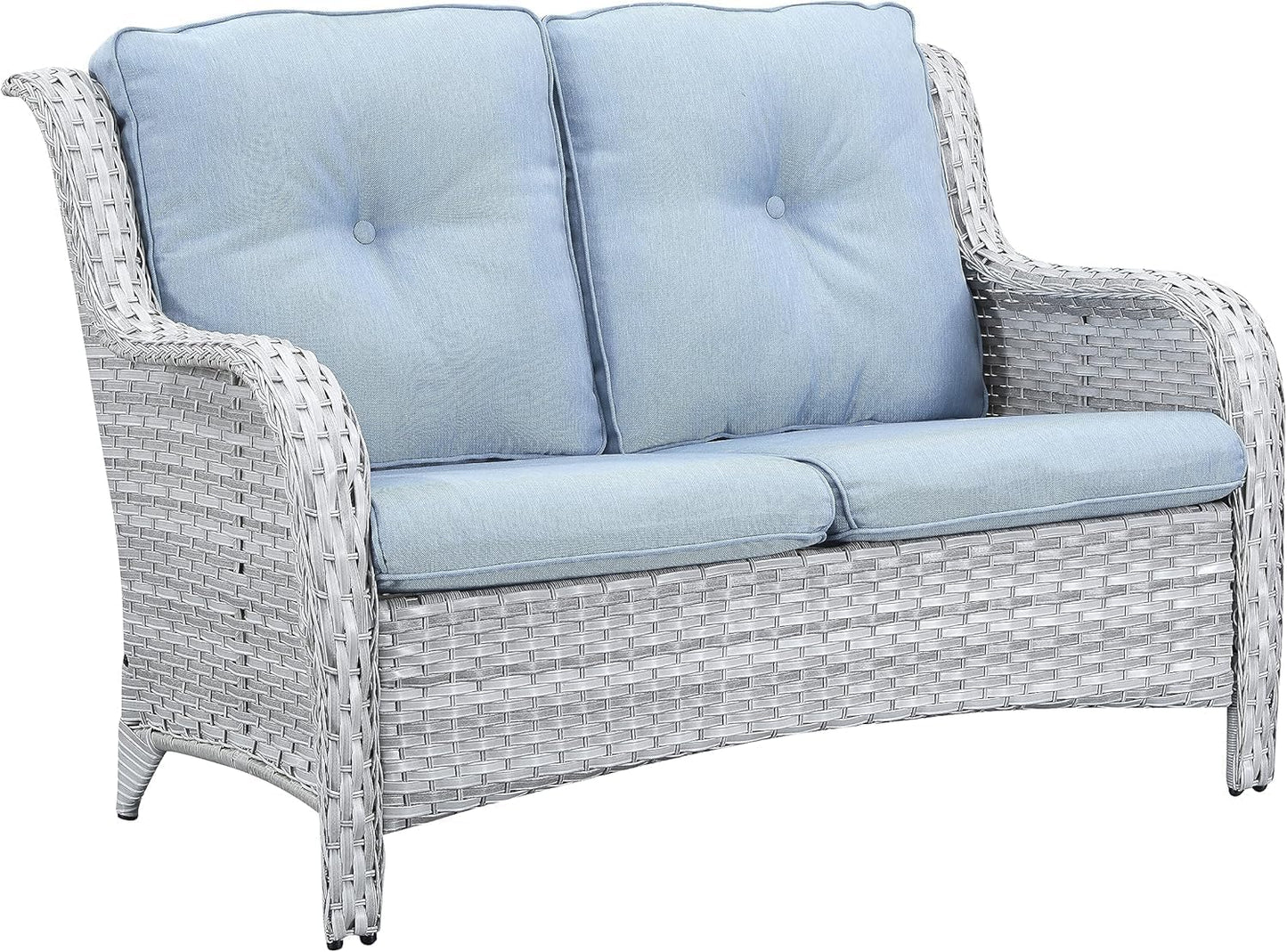 Outdoor Loveseat Small Patio Furniture 2 Seater Wicker Sofa Couch Rattan Seating for Deck Porch Backyard Baby Blue Cushion