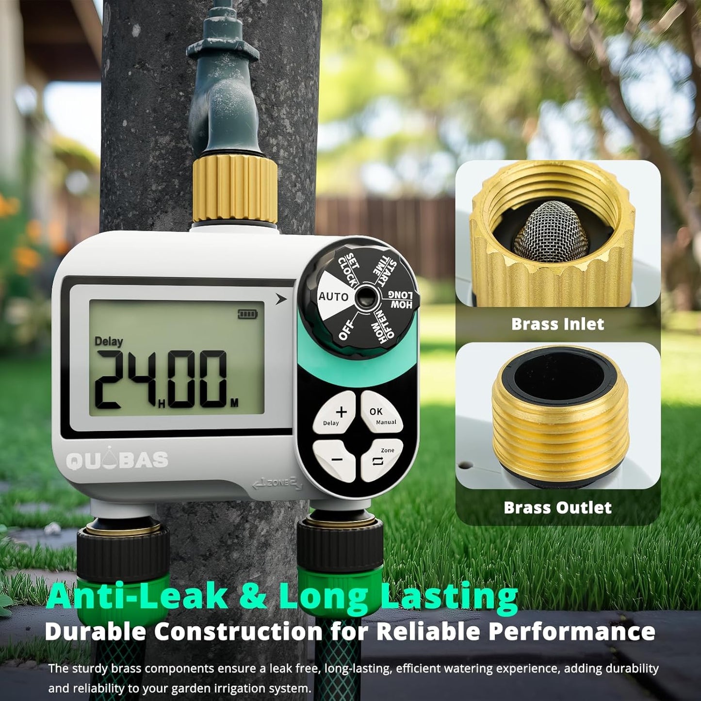 QUOBAS 2 Zone Sprinkler Timer with Brass Inlet & Outlet, Programmable Water Timer for Garden Hose with Rain Delay/Manual Watering/Automatic Irrigation Controller System for Yard, Lawn