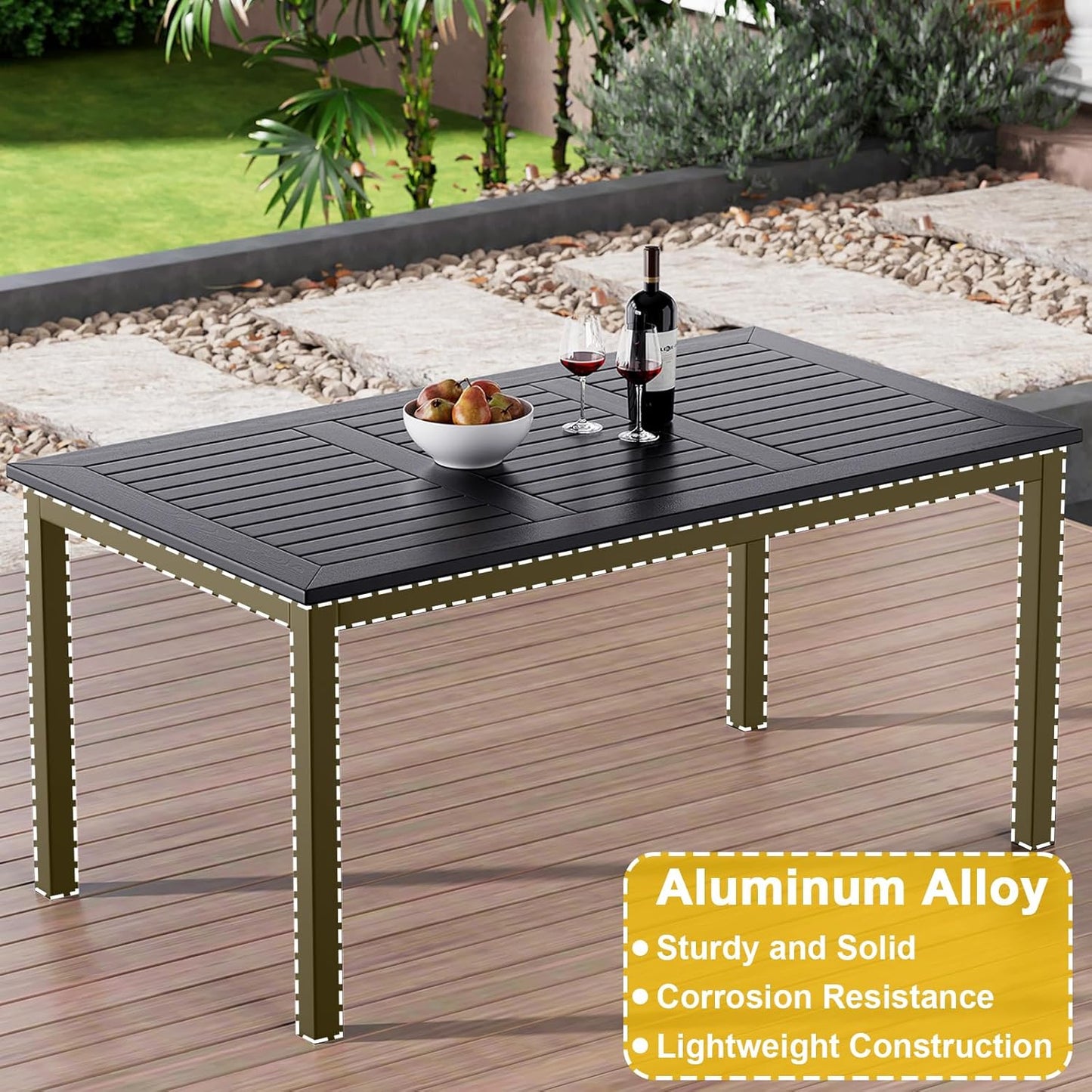 ZZV Outdoor Dining Table for 6-Person Rectangle Indoor Outdoor Table with Wood-Like Surface, Weather-Resistant Outside Dining Table for Patio Lawn Garden Backyard, 35" D x 63" W x 29" H, Black