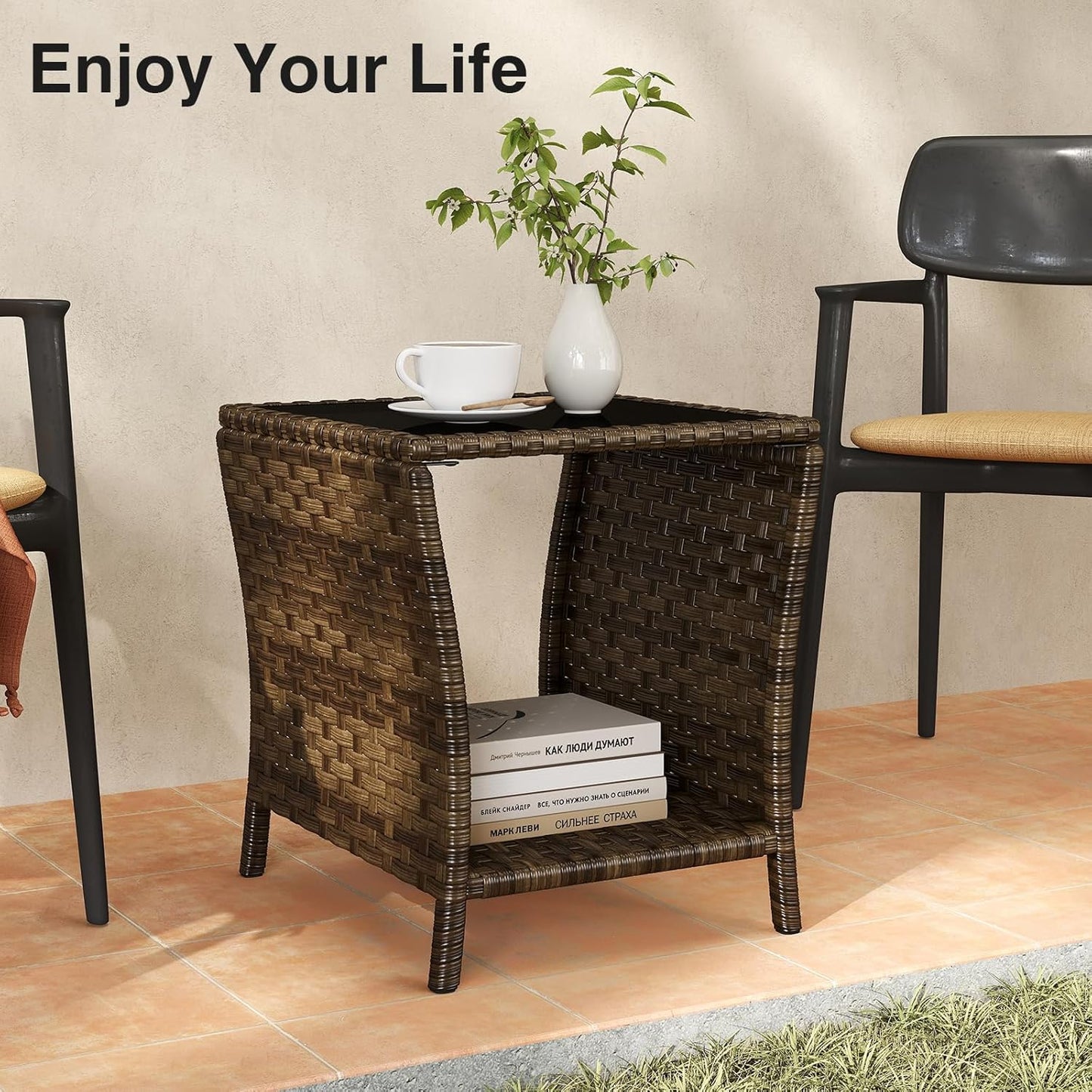 Outdoor Small Patio Table - PE Rattan Coffee Table, Wicker Side Table for Patio, Balcony & Porch, Durable & Iron Frame (1, Mixed Dark Brown)