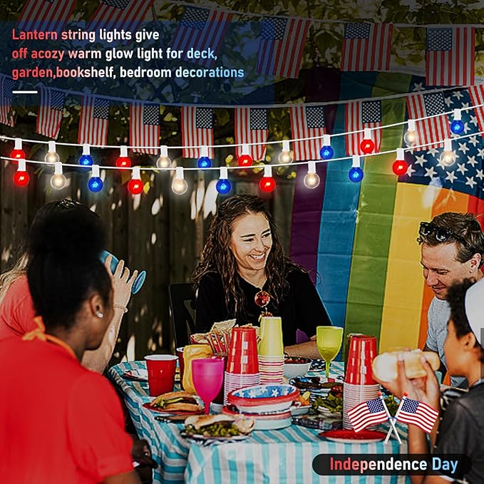 4th of July Decorations Lights Outdoor, 25Ft Red White and Blue Lights with 25 G40 Light Bulbs, Plug in G40 Patriotic Light for Indoor Independence Day Party Memorial Day-White