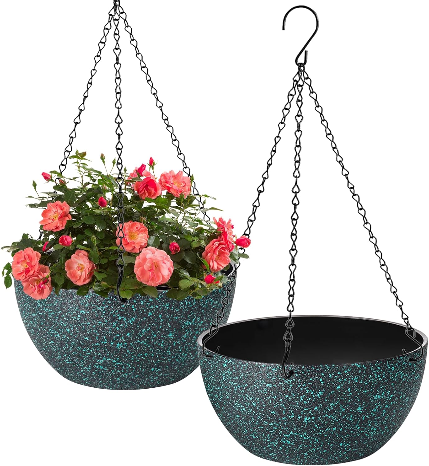 10 inch Hanging Planters for Indoor Plants, 2 Pack Planters for Outdoor Plants with Drainage Holes and Chain, Round Plastic Hanging Baskets, Hanging Flower Pots for Balcony Garden Decor-Black Speckle