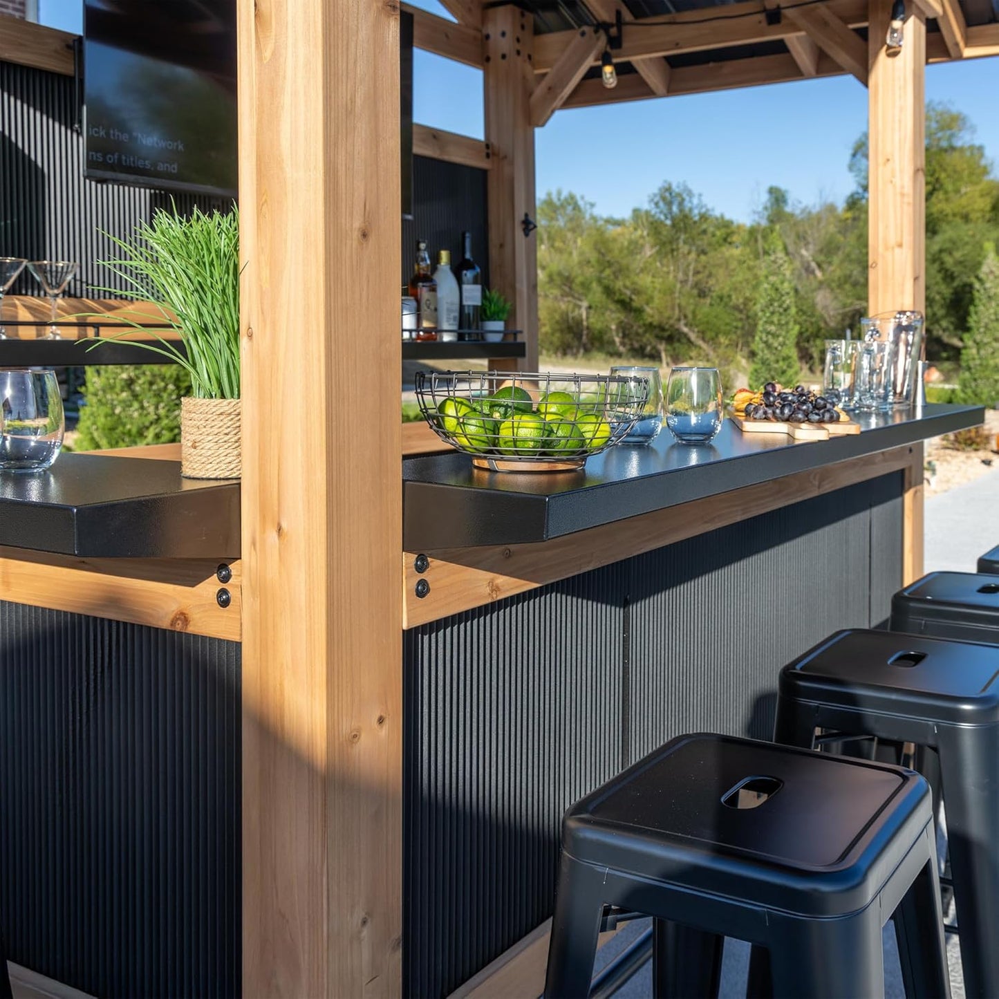 Backyard Discovery Palisade 9' x 6' Cedar Wood Outdoor Bar Set with Galvanized Steel Roof, Bar Top, Shelving, Snow Load Support, Wind Resistance, PowerPort for Patio, Deck, Entertaining