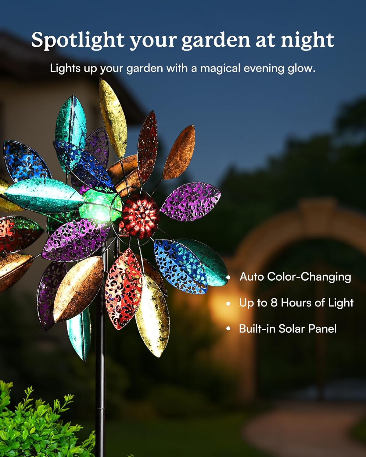 Solar Garden Wind Spinners with Light, Metal Yard Wind Spinners with Stake for Outdoor Lawn Decor (20" W x 77" H)