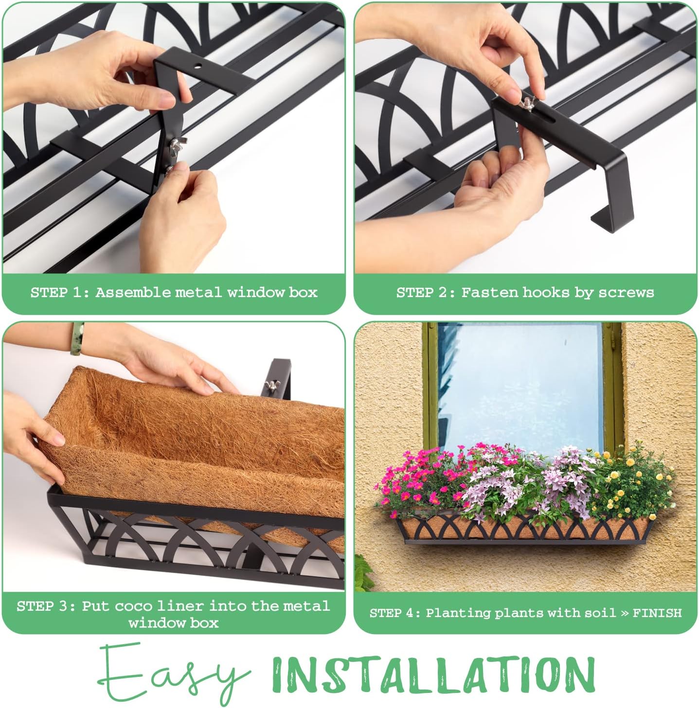 Window Box Railing, 24 Inch Black Metal Hanging Flower Planter Basket with Coco Liner for Outdoor Balcony Porch Fence Patio for Home, Office and Hotel (Black - 2 Pcs/Set)