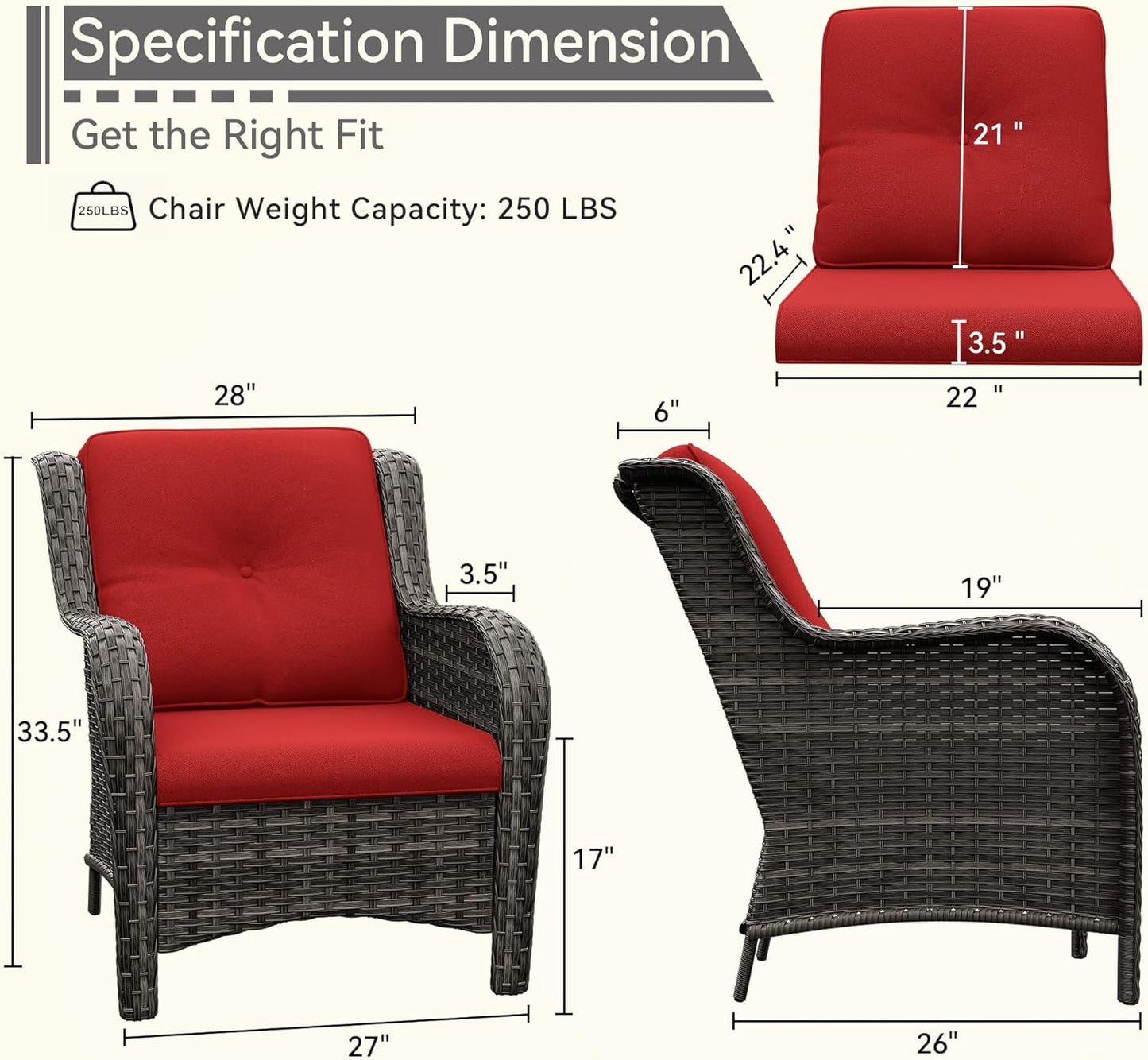 Patio Wicker Chairs Set of 2, Patio Rattan Dining Chairs with 3.5-inch Seat Cushions, High Back and Curved Armrest for Garden, Backyard, Balcony and Deck, Red