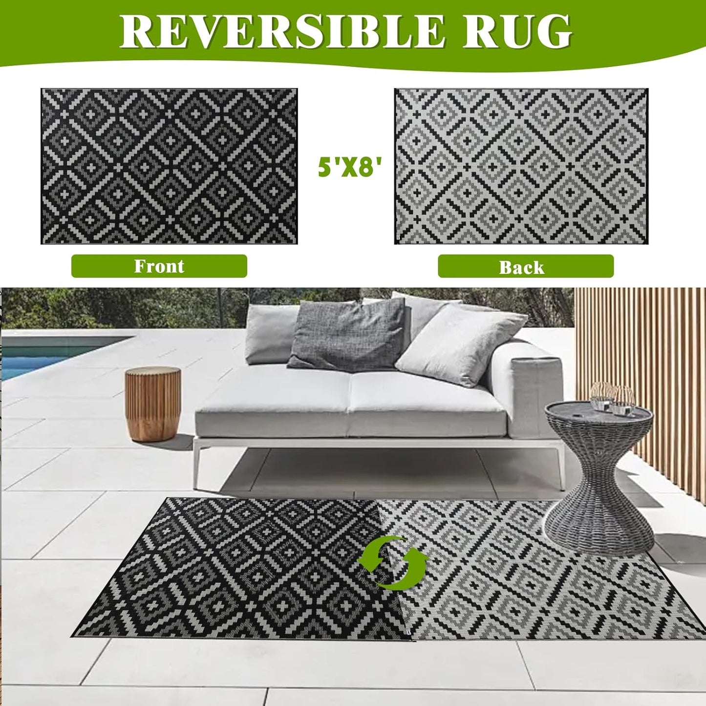 Outdoor Rug 5x8 ft Waterproof, Reversible Outdoor Plastic Straw Rug for Patios Clearance, Outdoor Area Rug Carpet RV Mat for Camping Backyard Deck Porch