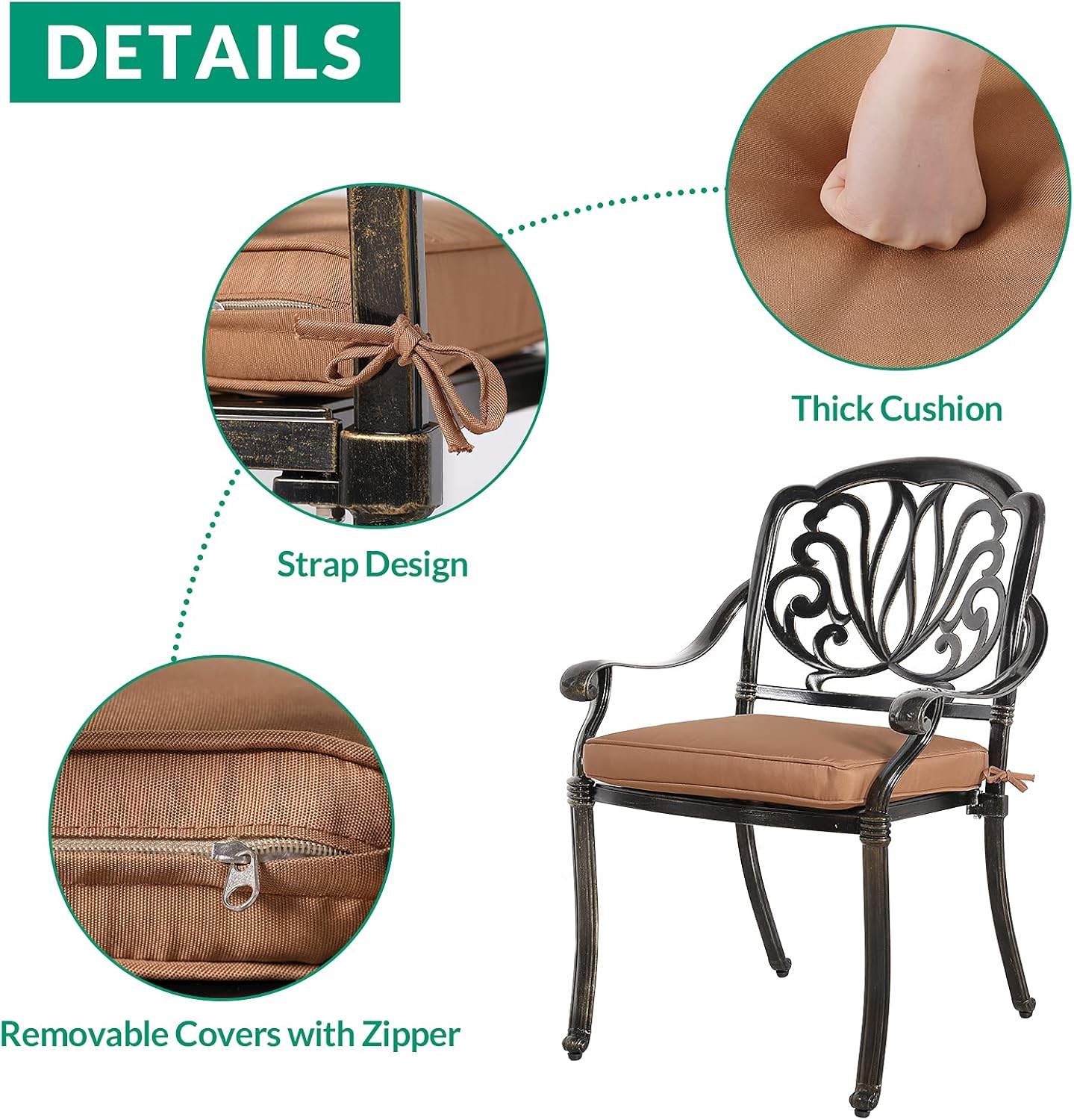 VIVIJASON 3-Piece Patio Furniture Dining Set, All-Weather Cast Aluminum Outdoor Bistro Set, Include 2 Chairs, 2 Cushions and 31" Round Table w/Umbrella Hole for Balcony, Lawn, Garden, Backyard