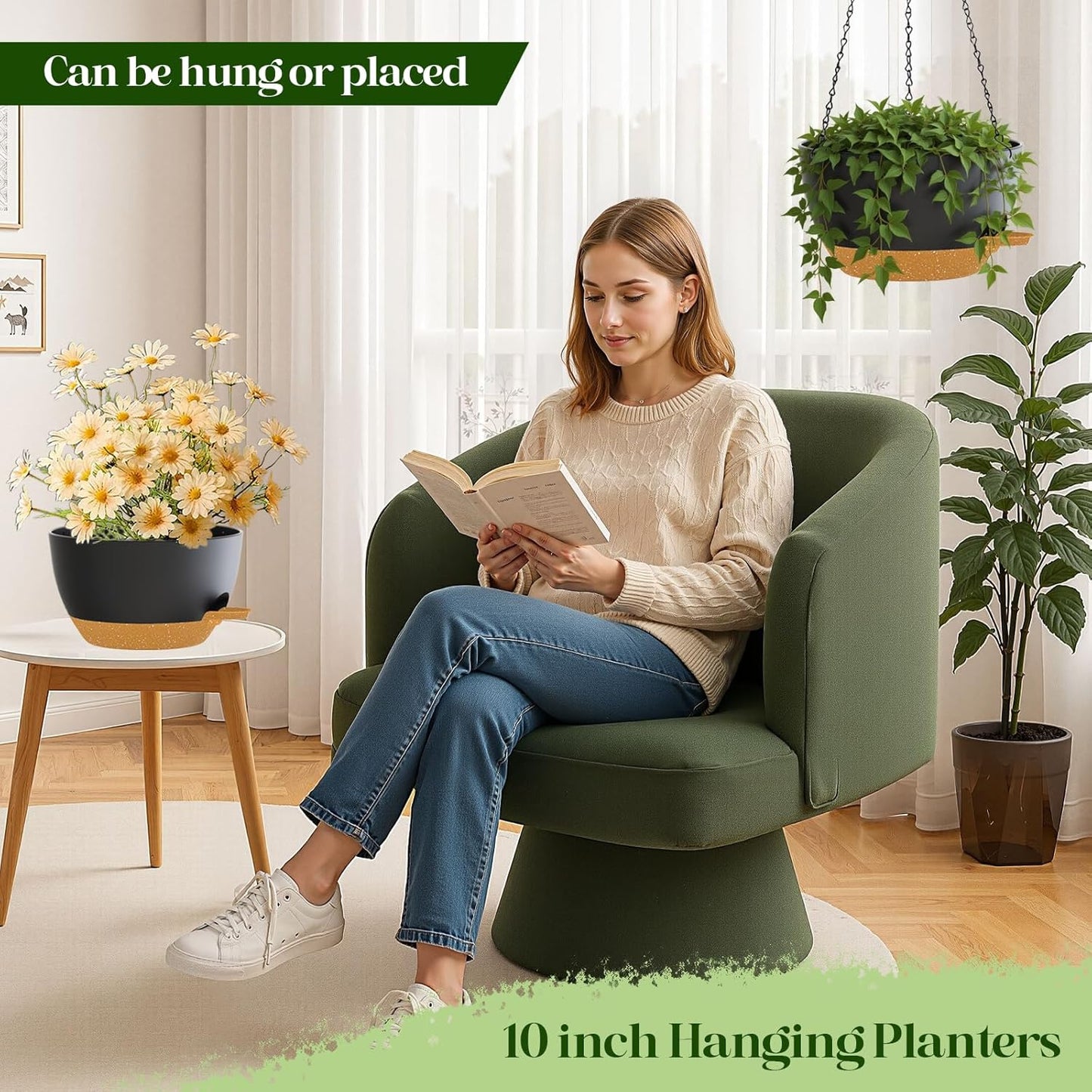 10 Inch Hanging Planters with Chains 2 Pack Self Watering Black Brown Plastic Hanging Pots for Indoor Outdoor Plants, Garden Porch Home Decor (Black Brown)