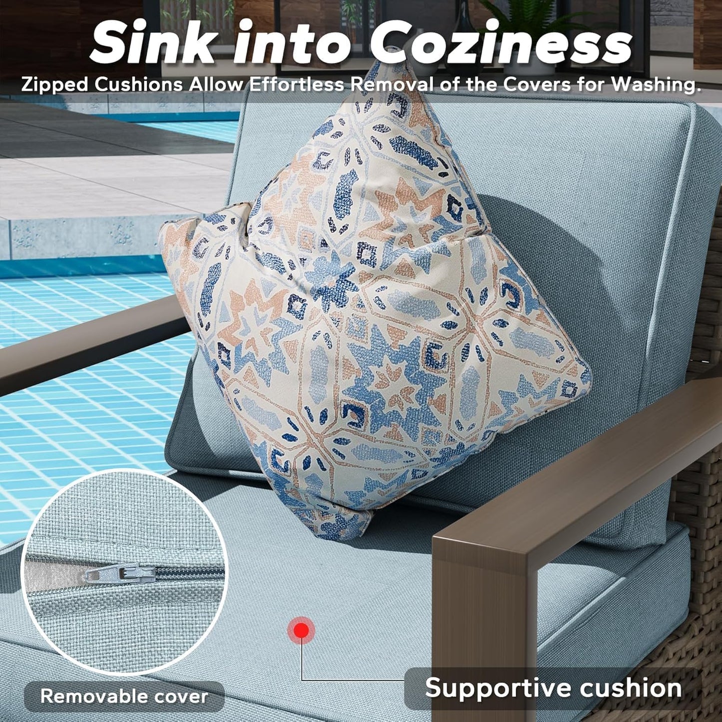 Patio Metal Wicker Chairs Set of 2, All Weather Outdoor Rattan Dining Chairs with Rectangular Framed Wood-Looking Armrest & Fade-Resistant Cushions for Deck Balcony Backyard, Baby Blue