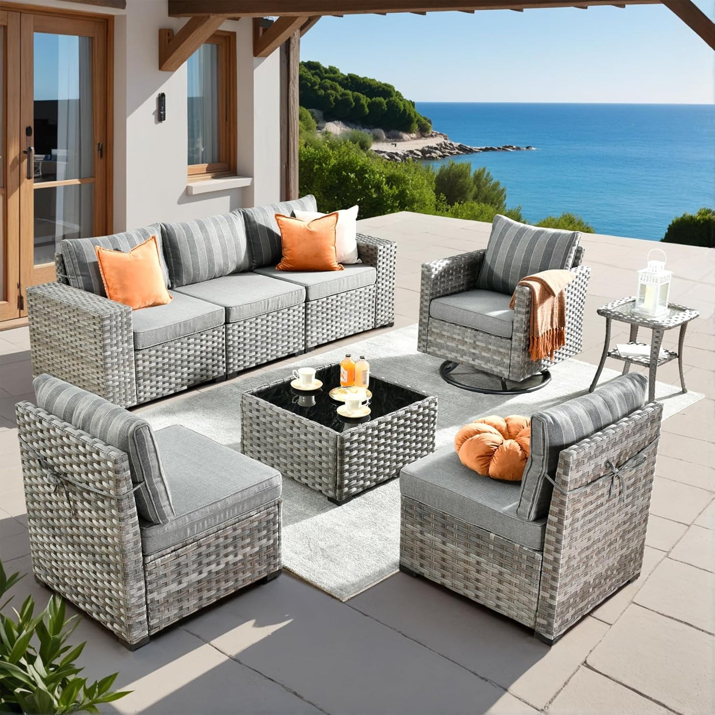 ovios 8 Pieces Patio Furniture Set, Outdoor Wicker Sectional Sofa with Swivel Chair Coffee Table, Modern Modular Deep Seat Rattan Couch Conversation Sets, Dark Gray Stripe