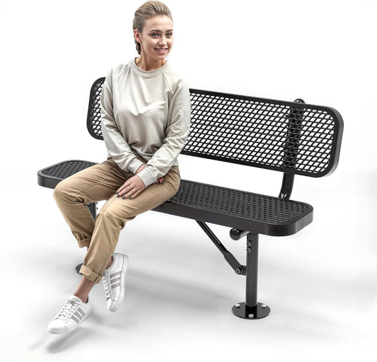 Heavy-Duty Outdoor Metal Bench, Thermoplastic-Coated, Surface, Weatherproof, Commercial-Grade for Parks, Gardens, Patios, Stores & More (4 Ft - Surface with Back, Black)