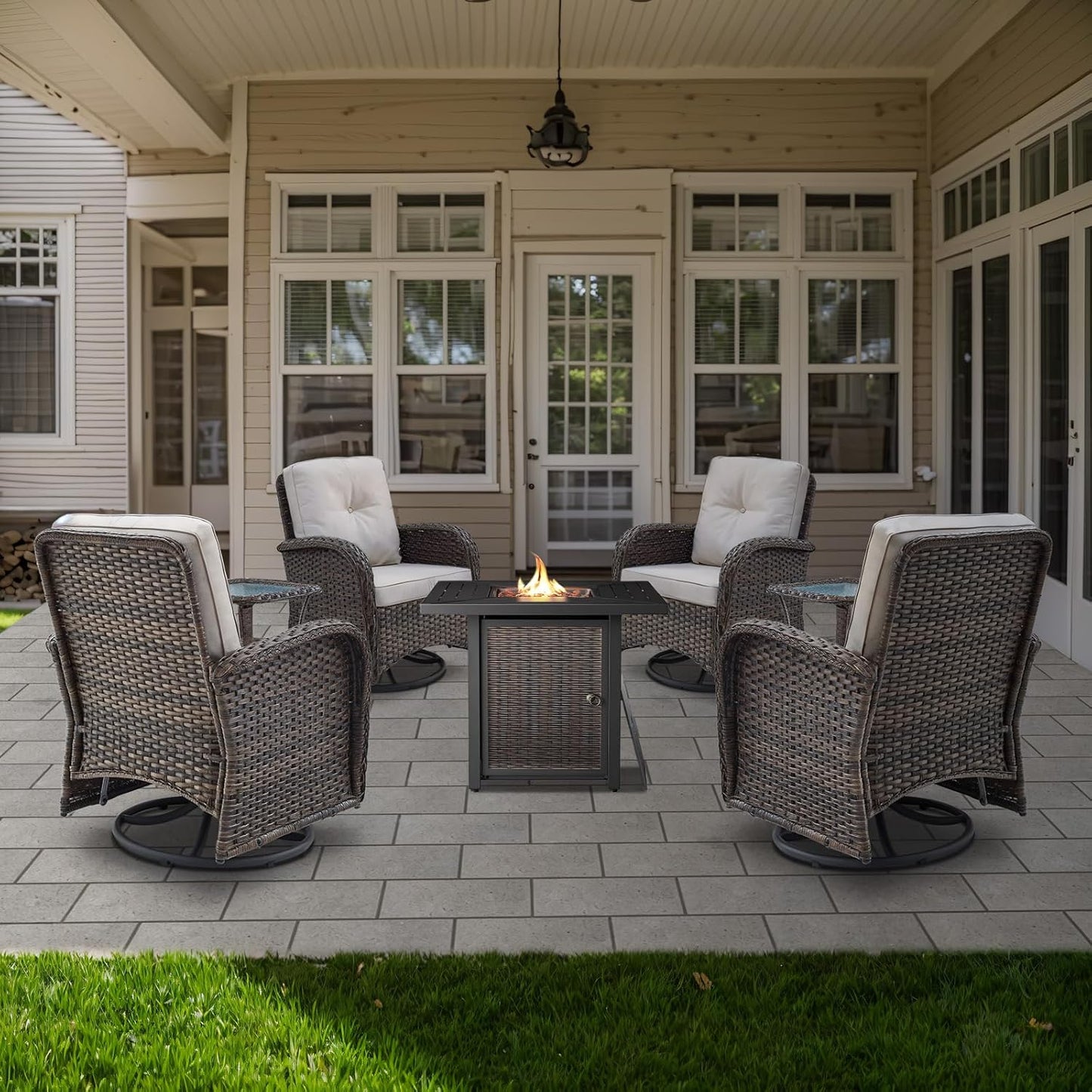 7-Piece Modern Brown Patio Conversation Set - 4 Swivel Glider Chairs & 50,000 BTU Propane Fire Table