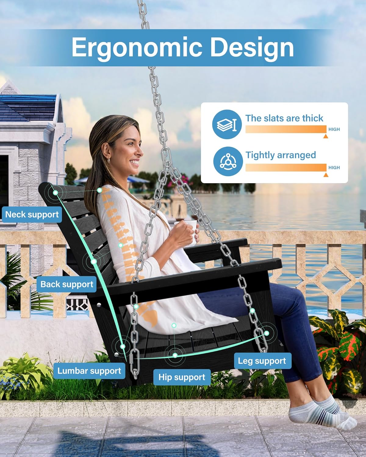 YEFU Hanging Porch Swing Set of 2,2-Seat Patio Swing Bench,All-Weather Swing Chair with Hanging Chains,Look Like Real Wood,for Garden and Courtyard,800LBS Weight Capacity,4FT,Black