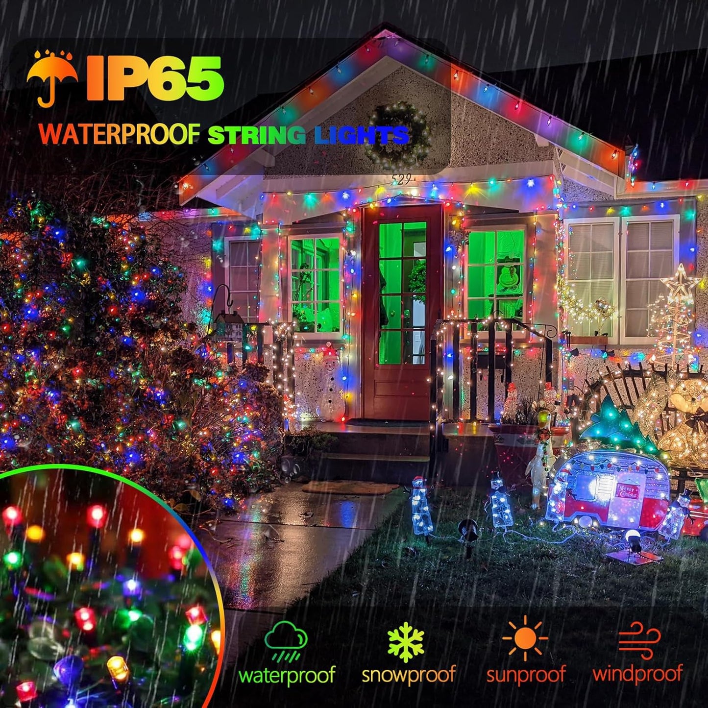 4 Pack 180FT Solar Christmas Lights Outdoor Waterproof, Super Bright 320 LED Solar String Lights with 8 Lighting Modes, Green Wire Twinkle Tree Light for Outside Xmas Party Decorations (Multi-Colored)