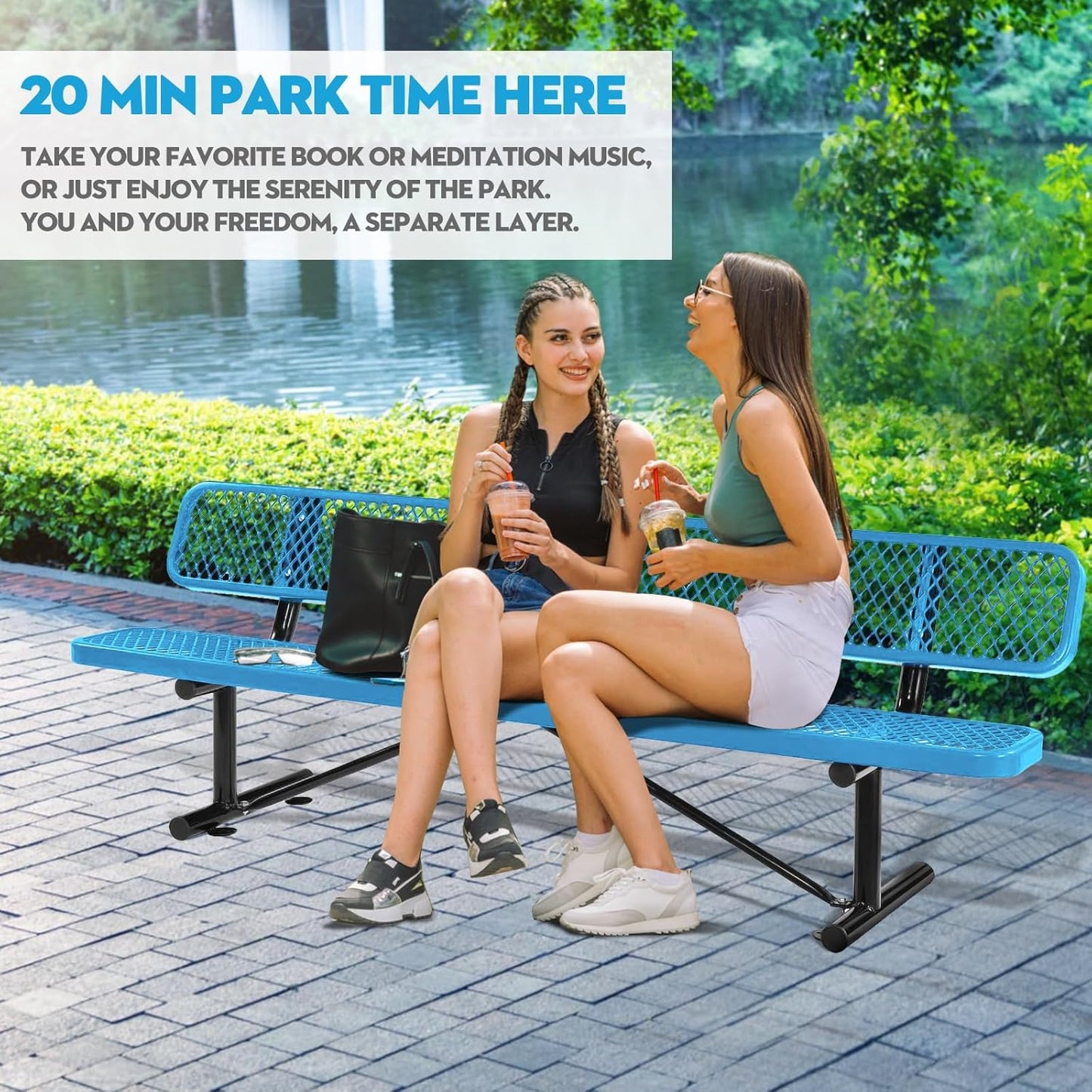 8Ft Outdoor Bench with Blue Portable Frame, Outdoor Steel Park Bench with Backrest, Expanded Metal Mesh Bench for Outside, Lawn, Backyard, Park, Deck, Garden, Patio, Porch, Blue