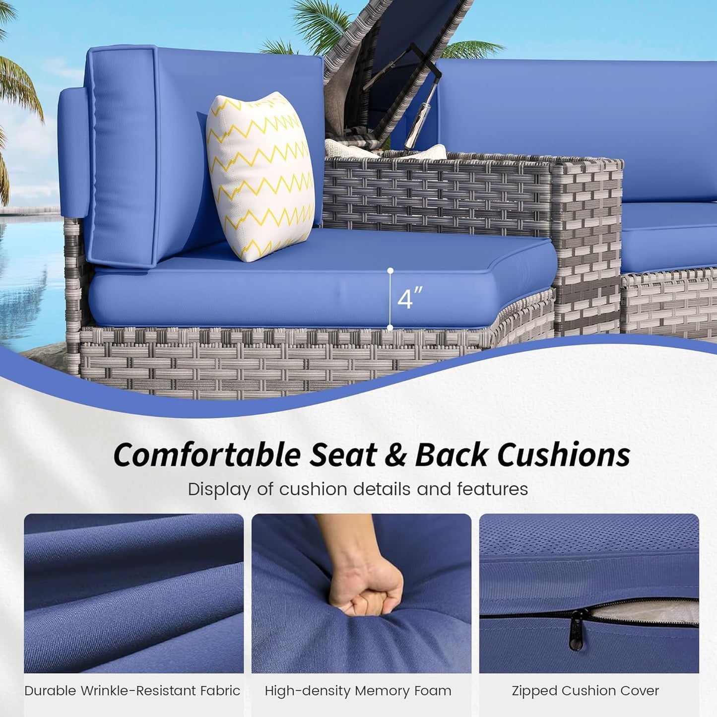 Patio Sectional Furniture Outdoor 11-Piece Grey Rattan Curved Sofa Set with Storage Table, Pillows, Fit for Pool Backyard Balcony Porch Lawn (Navy)