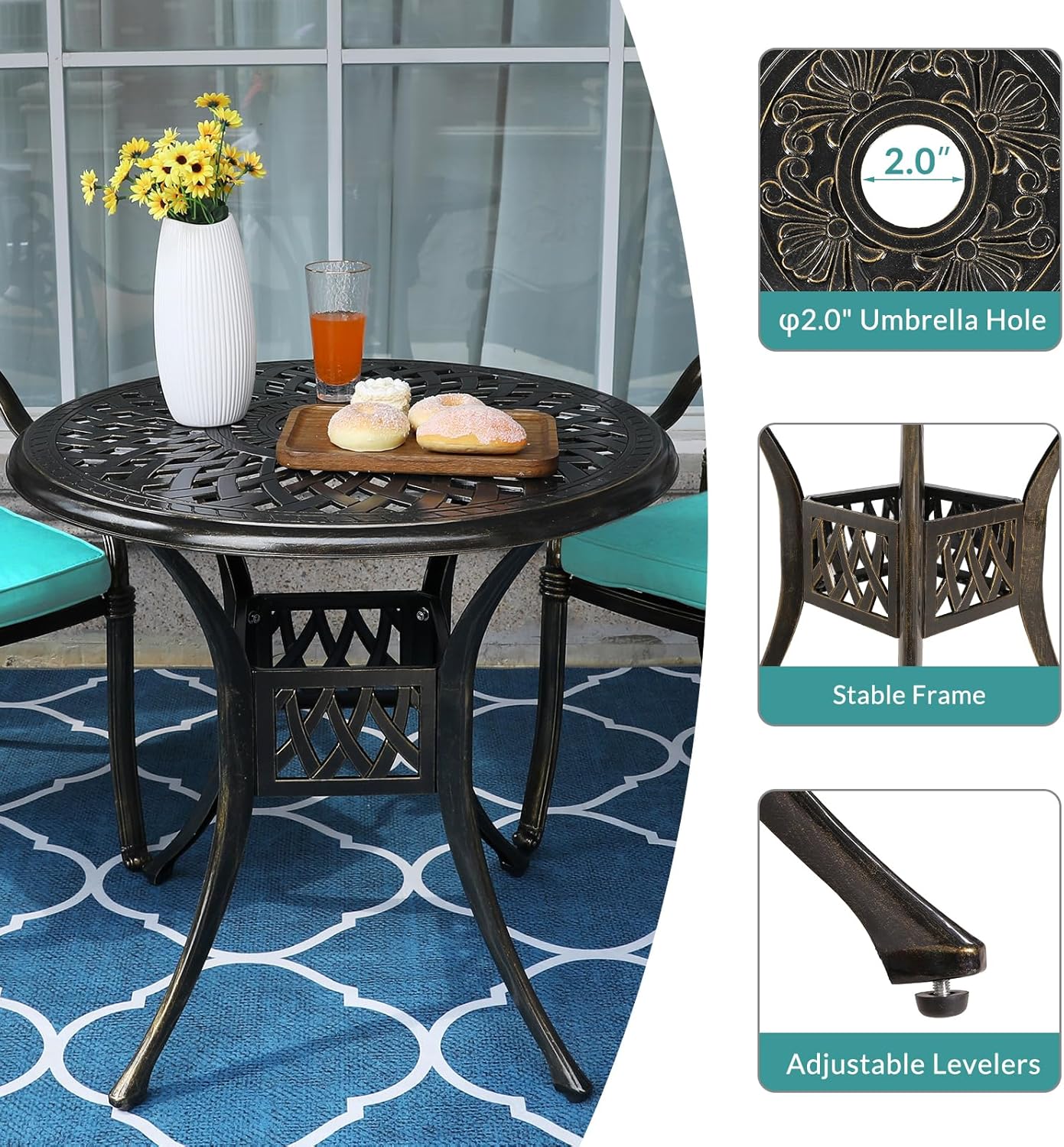 MEETWARM 3 Piece Patio Bistro Set, Outdoor All-Weather Cast Aluminum Dining Furniture Set Includes 2 Cushioned Chairs and a 31” Round Table with Umbrella Hole for Garden Deck, Ocean Blue