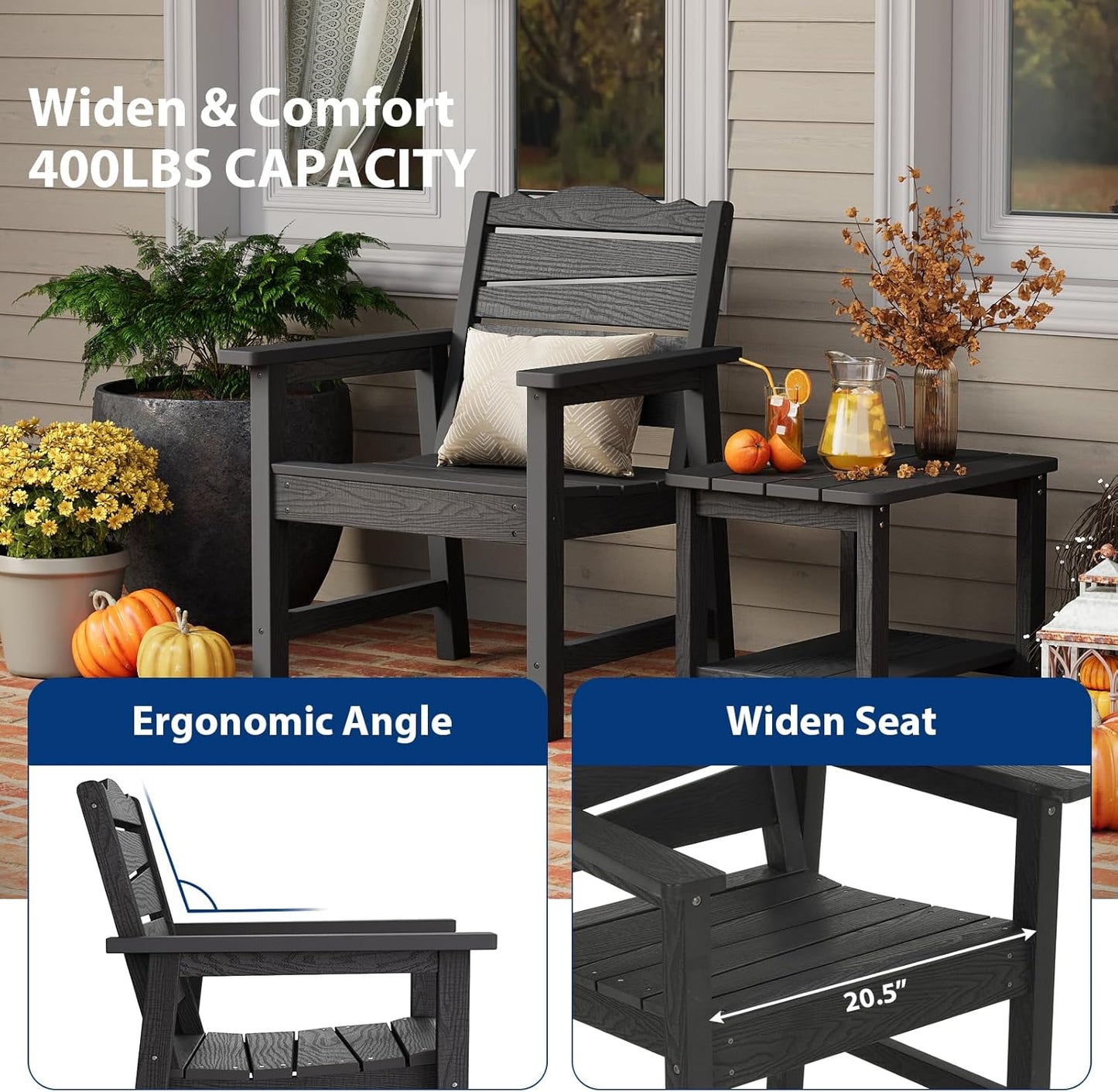 Weatherproof Patio Chair, Poly Lumber Outdoor Patio Chairs with Ergonomic Curved Seat, 400lbs Capacity Outdoor Dining Chairs for Garden, Porch, Lawn & Backyard, Black